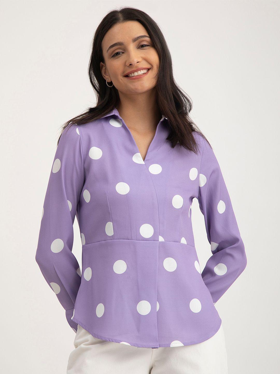 fablestreet polka dot printed shirt collar a-line top