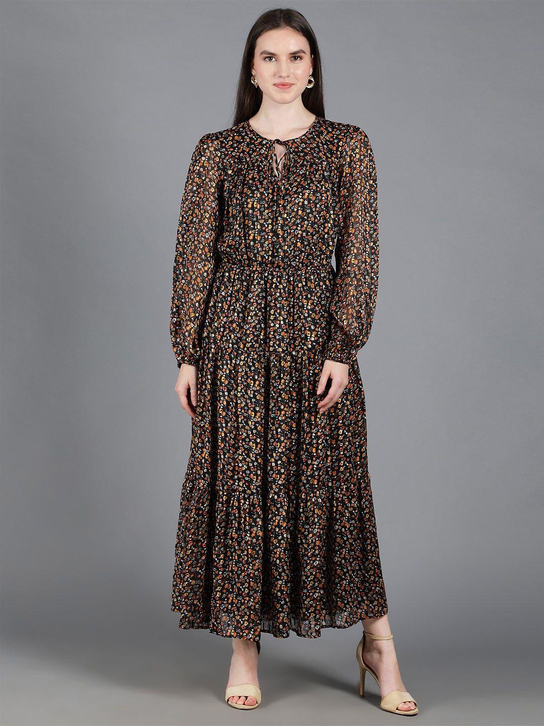 amagyaa floral print tie-up neck puff sleeve georgette maxi dress