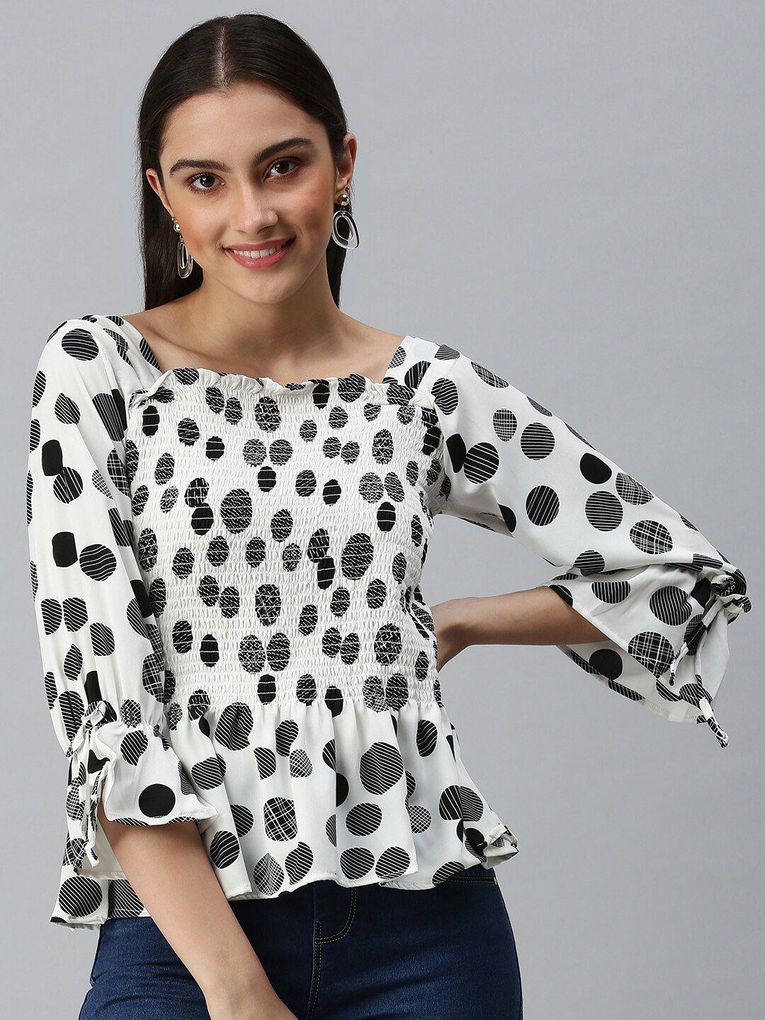 showoff polka dot printed boat neck puff sleeves top