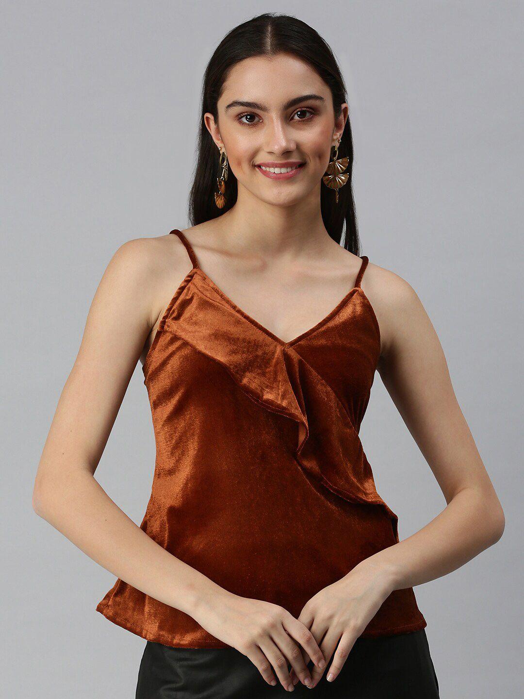 showoff shoulder straps sleeveless ruffles velvet top