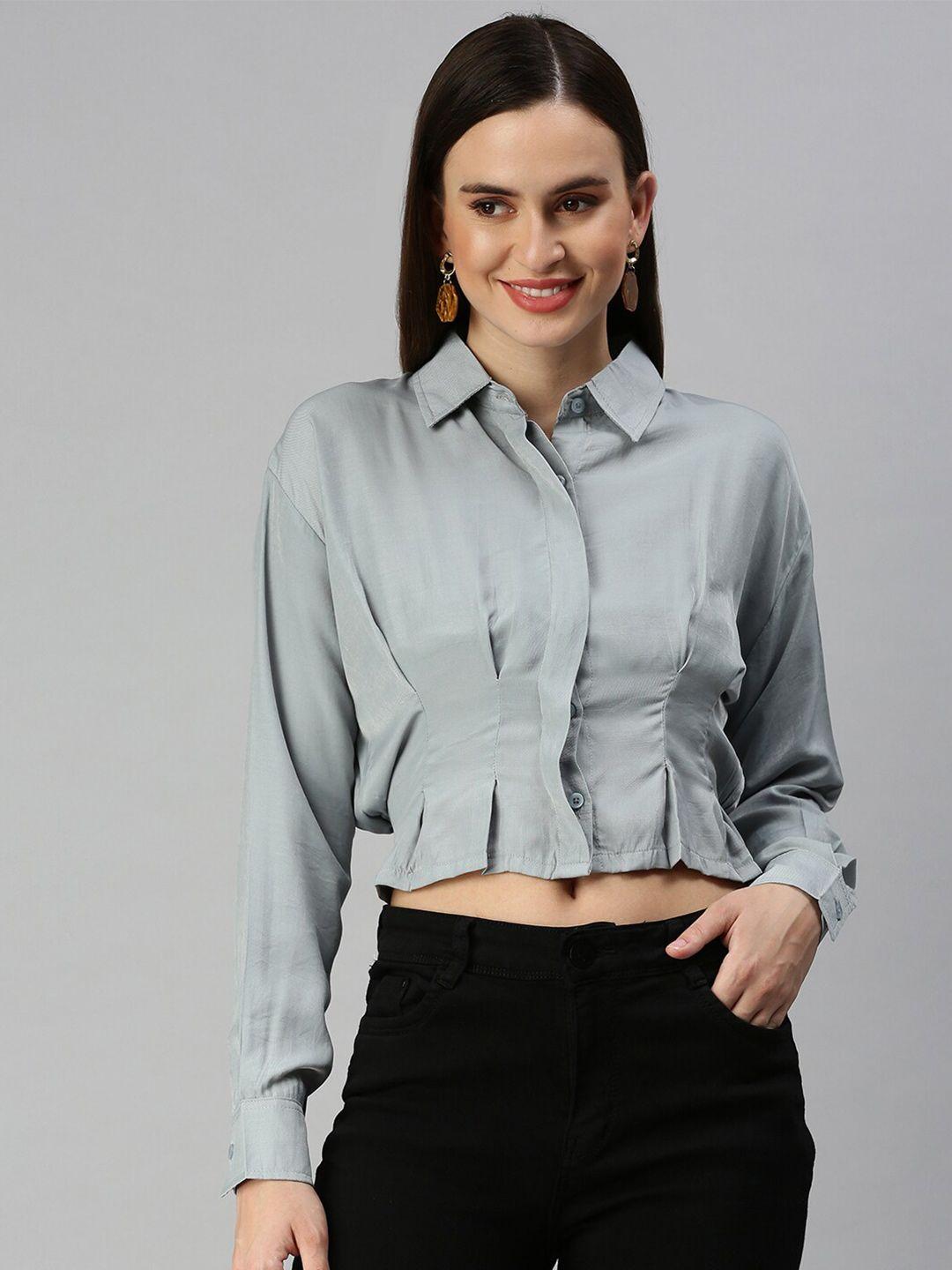 showoff shirt collar cuffed sleeves shirt style crop top