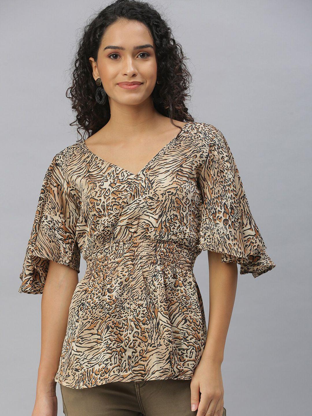 showoff animal printed v-neck flared sleeves crepe top