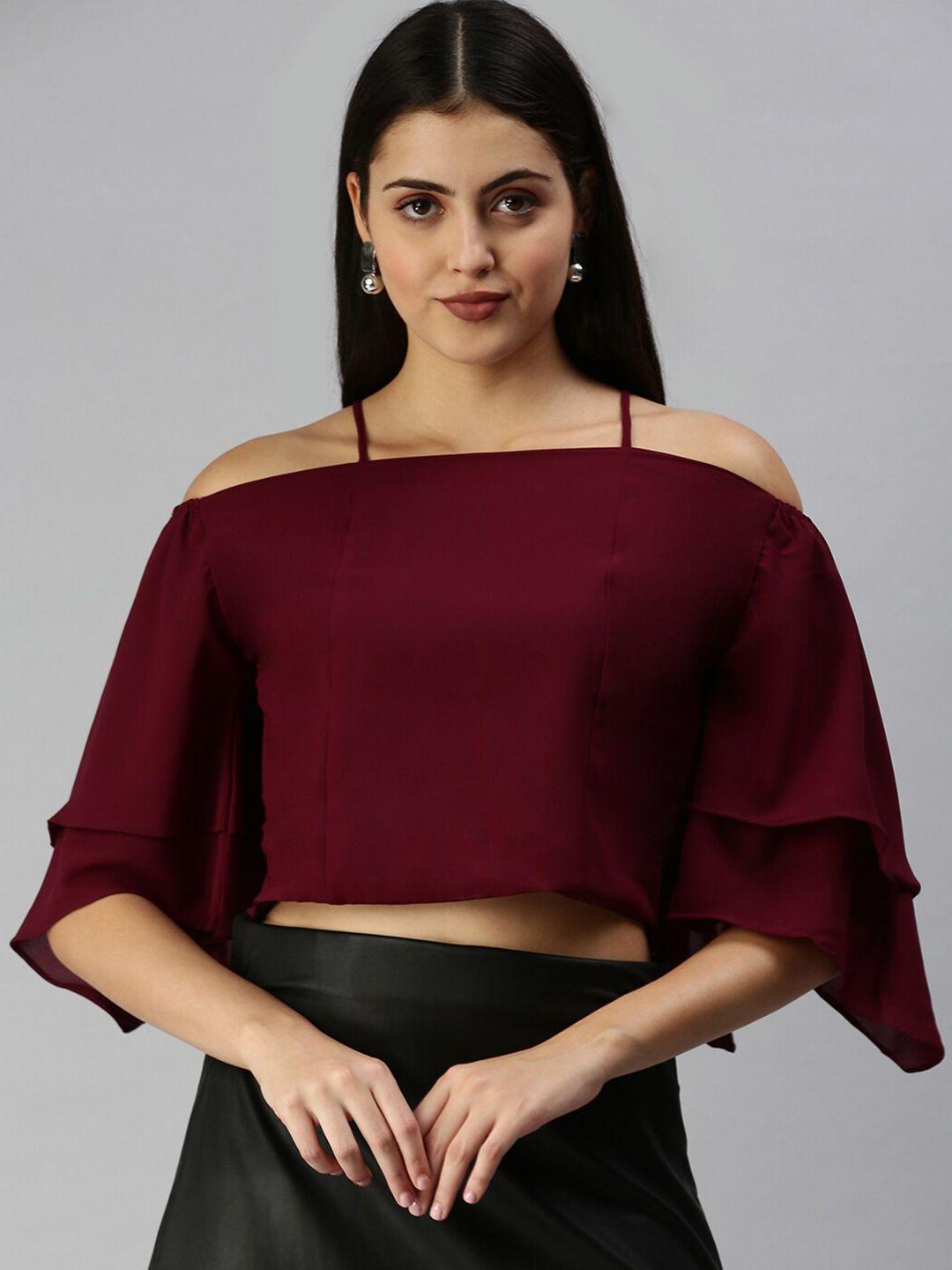 showoff off-shoulder flared sleeve crepe bardot crop top