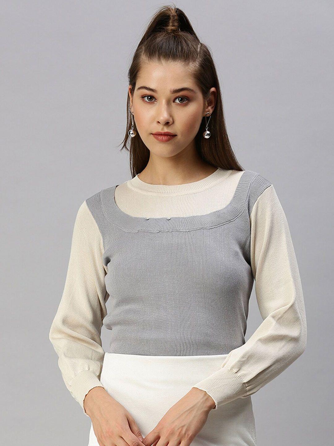 showoff colourblocked round neck long sleeves knitted top