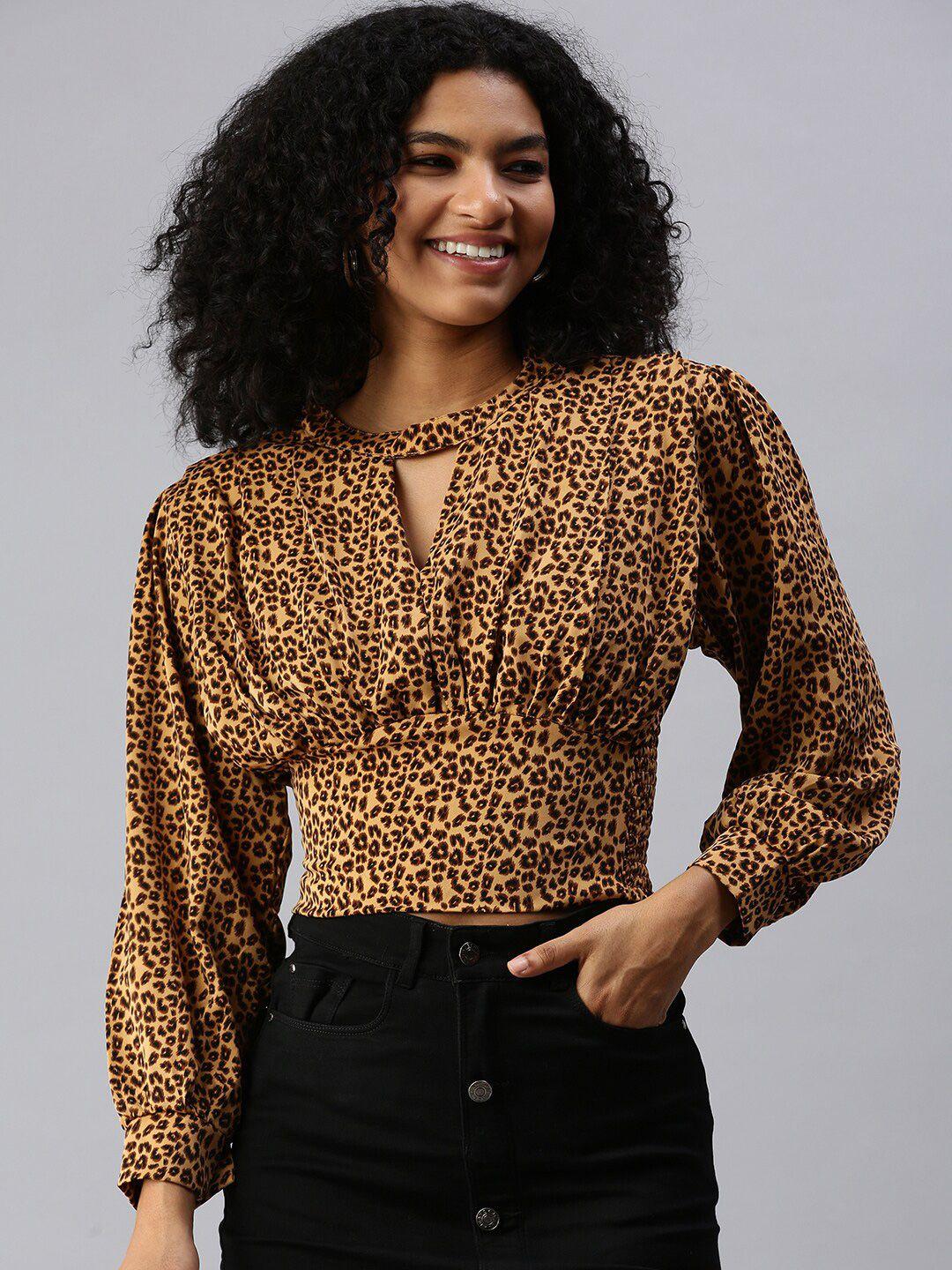 showoff animal printed gathered smocked crepe cinched waist top