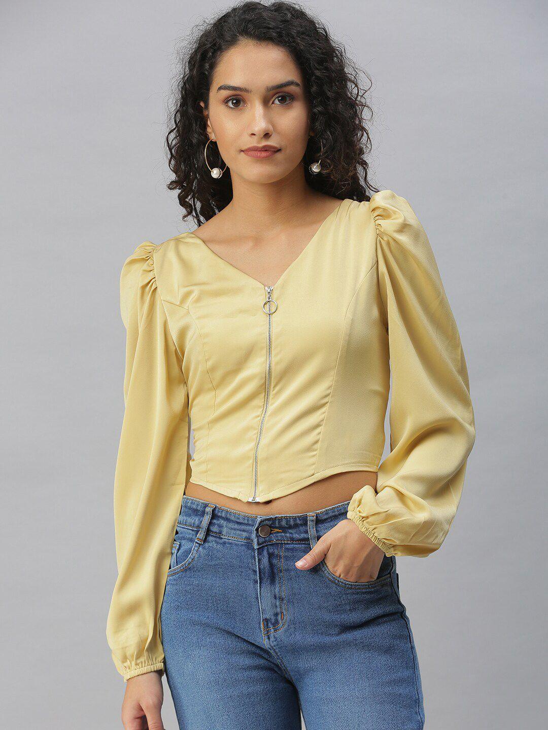 showoff puff sleeves smocking v- neck crop top