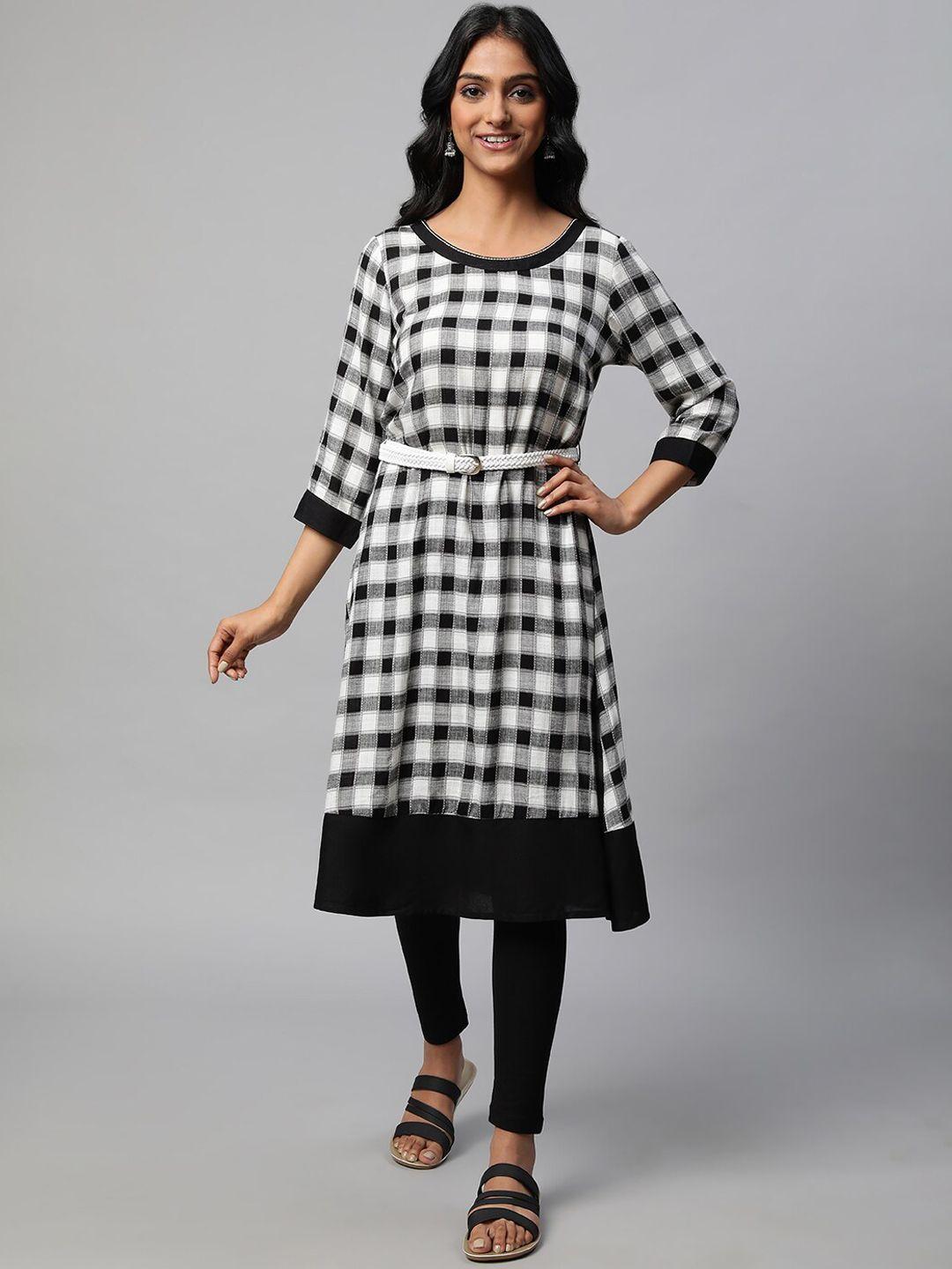 aurelia checked belted a-line kurta with leggings