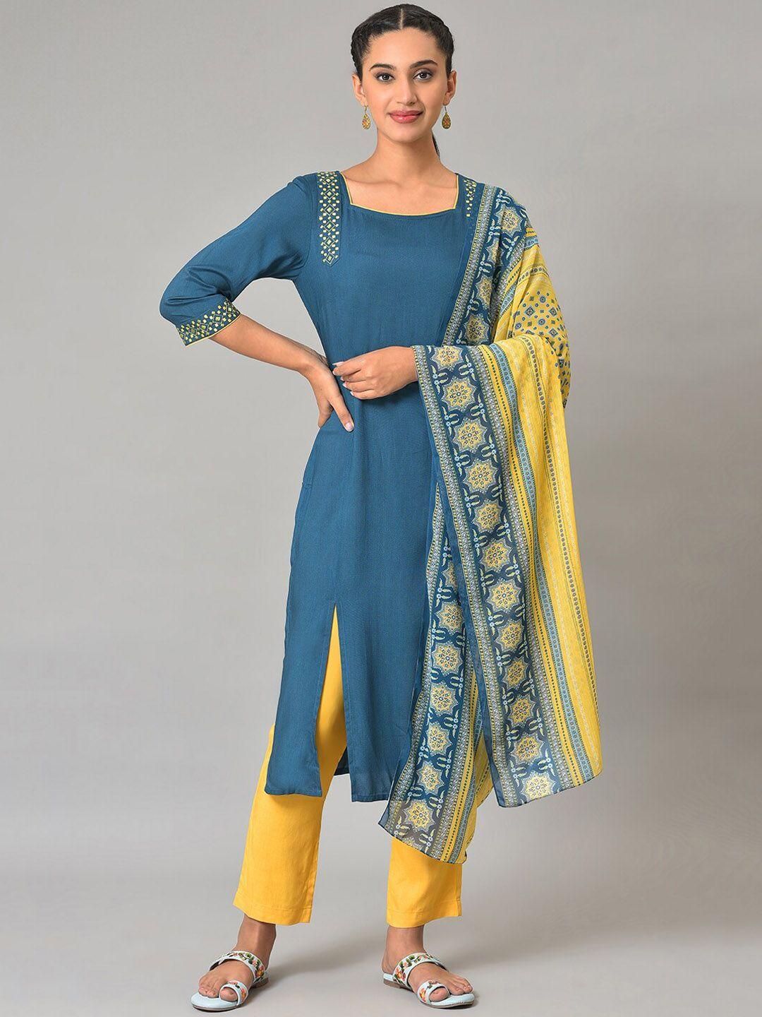 aurelia square neck embroidered kurta with trousers & dupatta