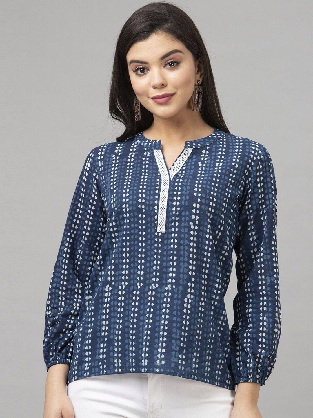 selvia indigo geometric printed bishop sleeves notched neck cotton top