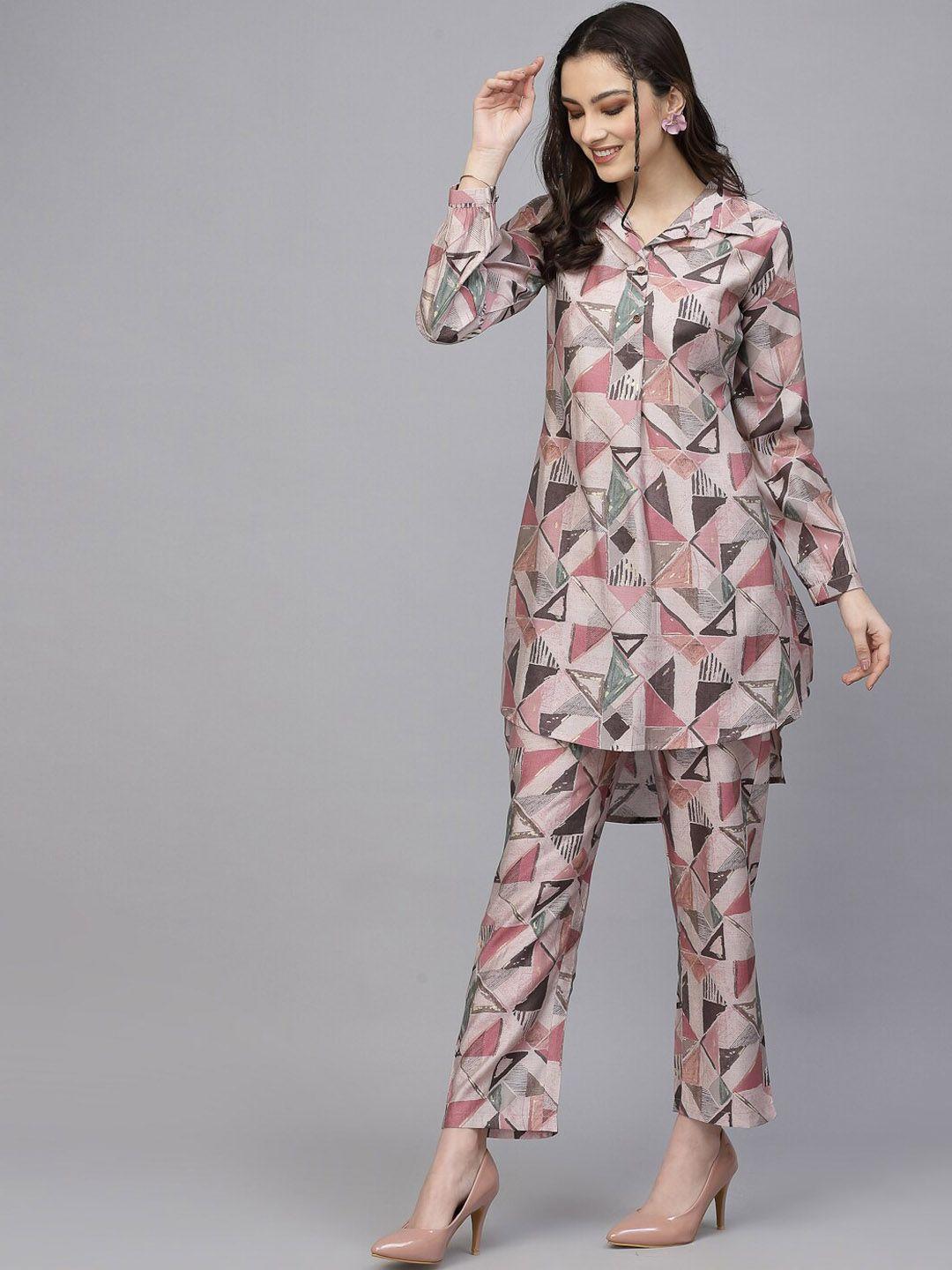 sangria women geometric printed long sleeves shirt & trouser