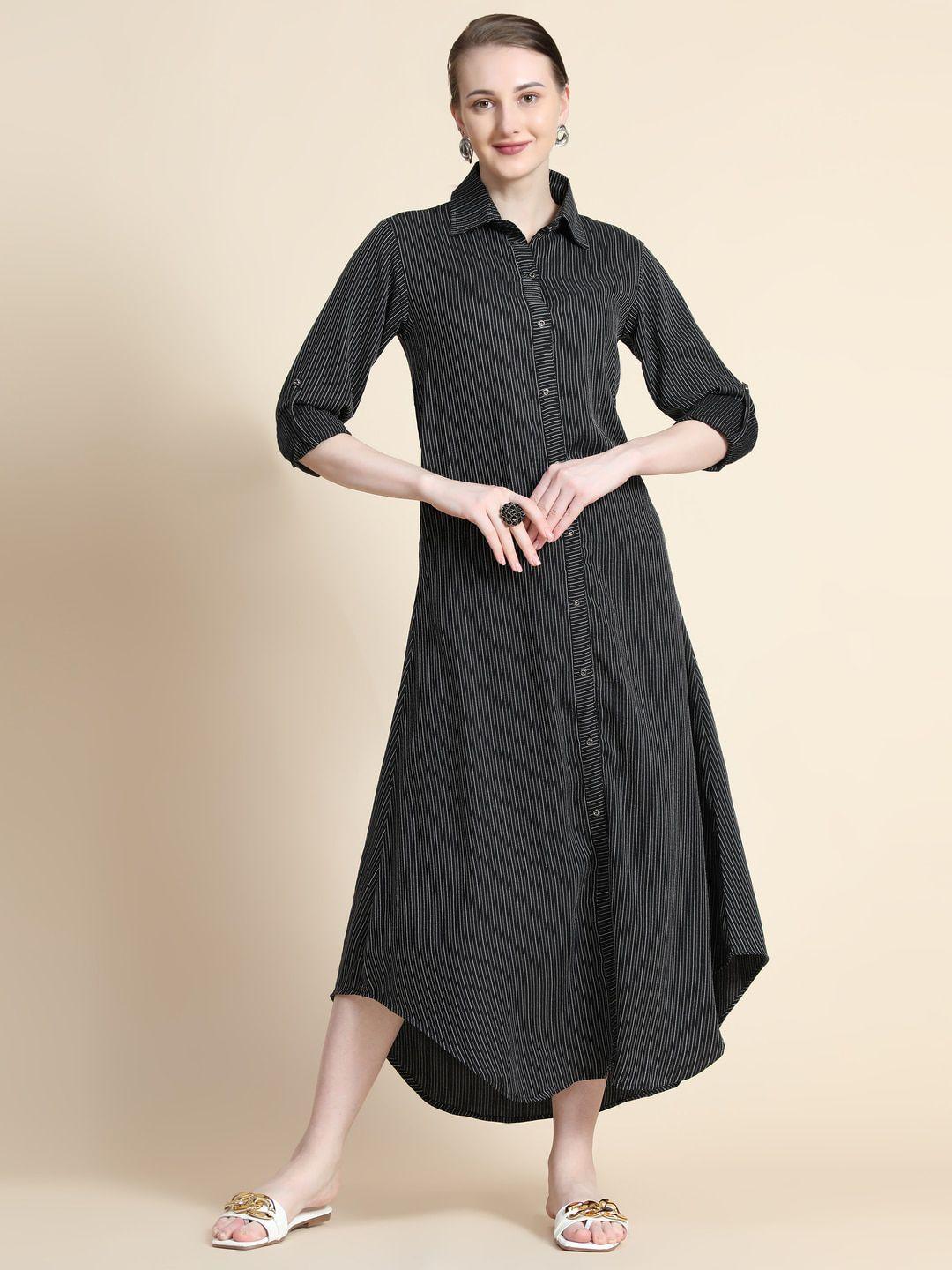 rudraaksha creations striped roll-up sleeves shirt midi dress