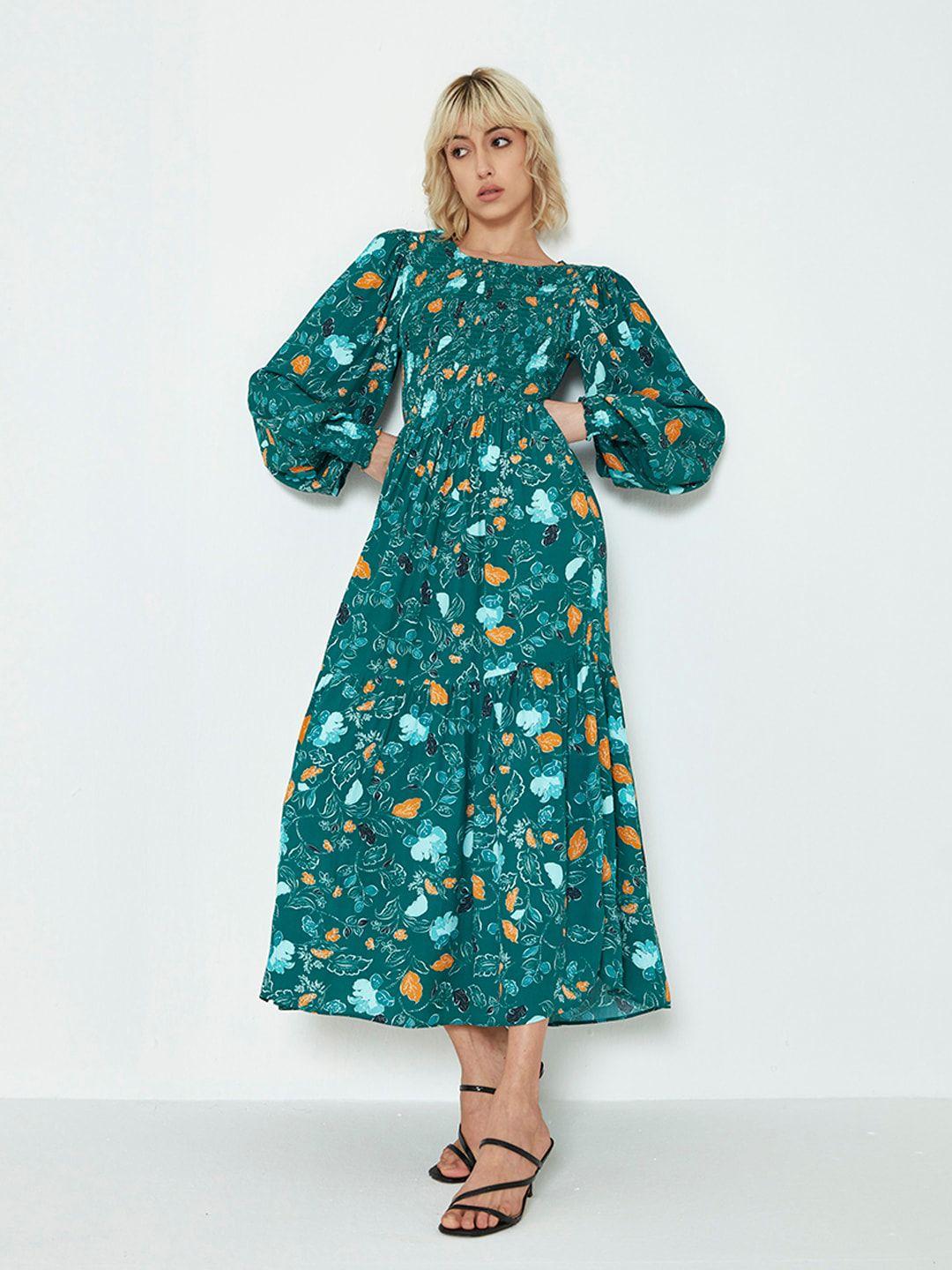 cover story floral printed puff sleeves smocked fit & flare midi dress