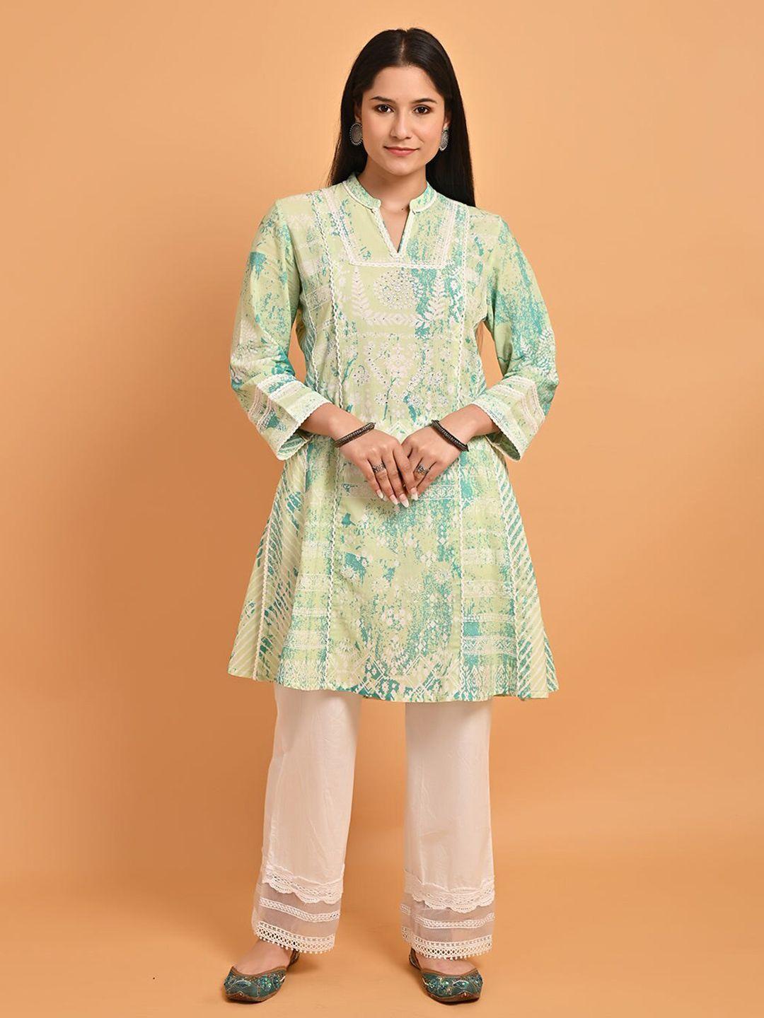 lakshita floral printed v-neck beads and stones with lace detailing pure georgette kurti