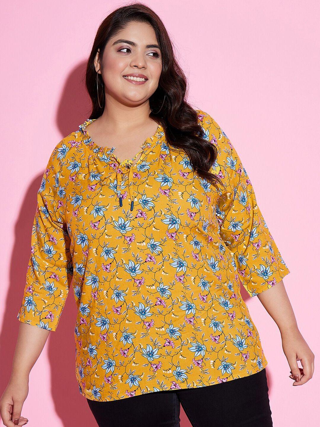 austivo plus size floral printed tie-up with neck raglan sleeves georgette top