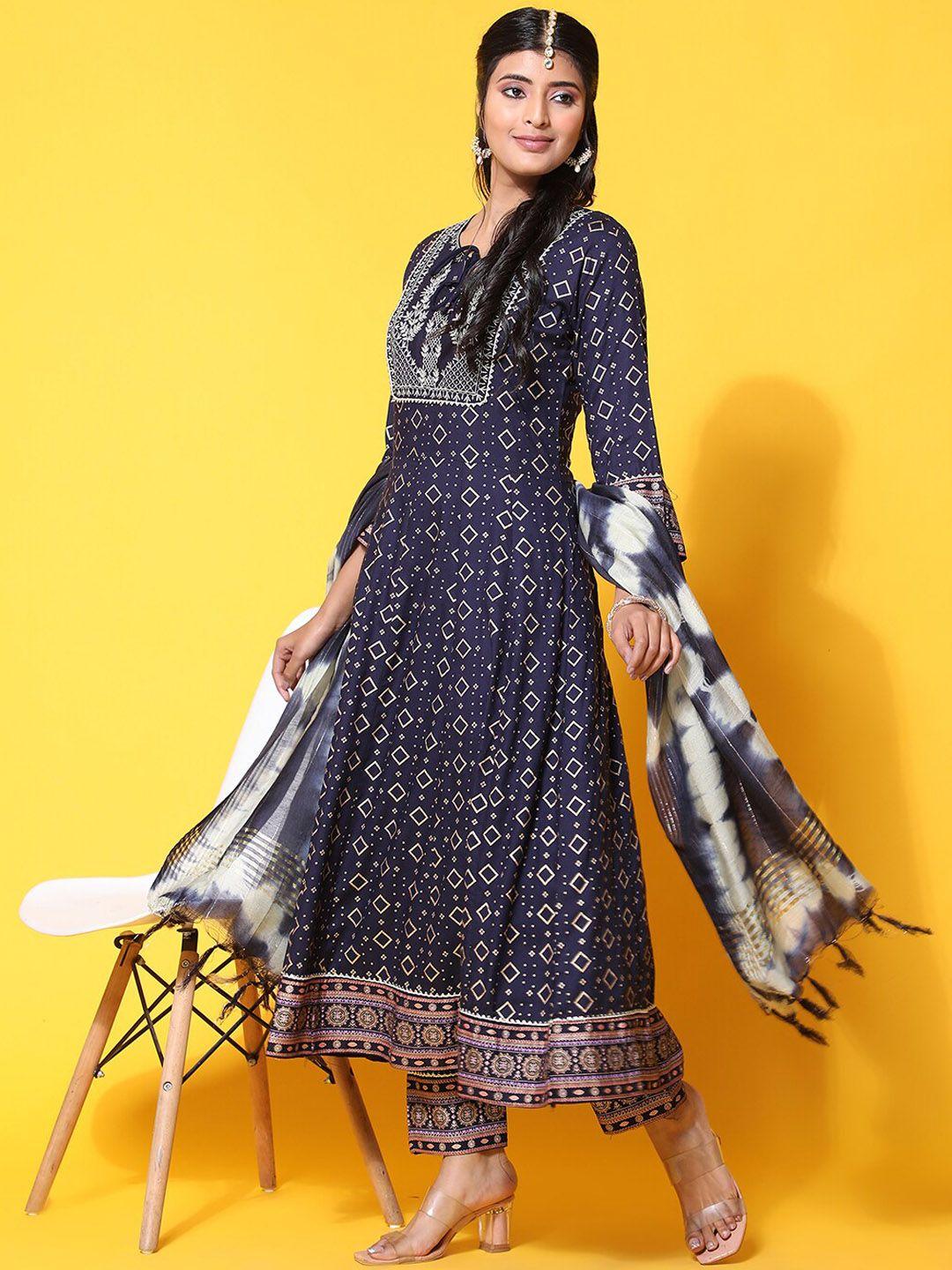 ziva fashion ethnic motifs printed thread work anarkali kurta with trousers & dupatta