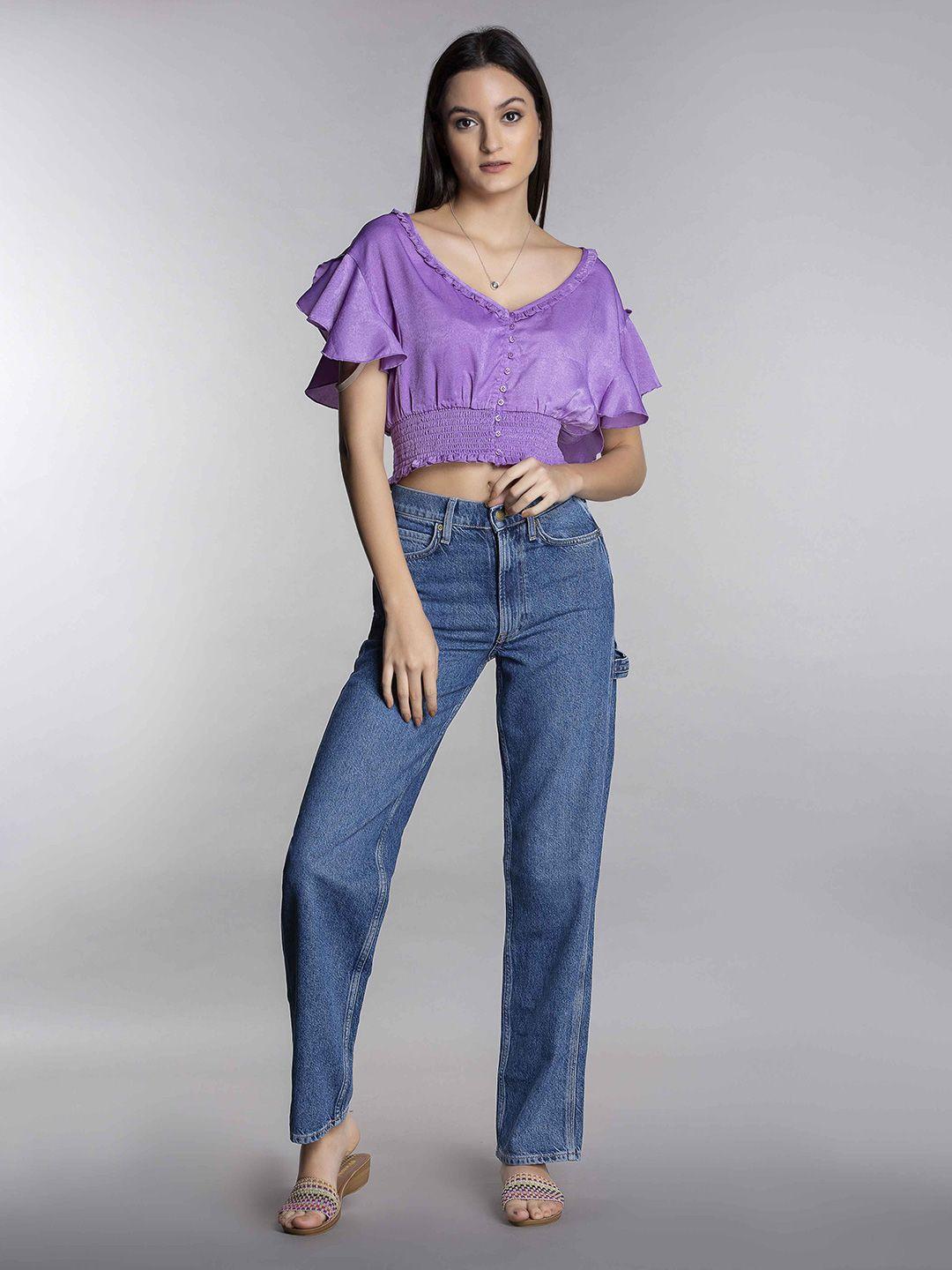 mkoal v-neck flutter sleeve smocked satin crop top