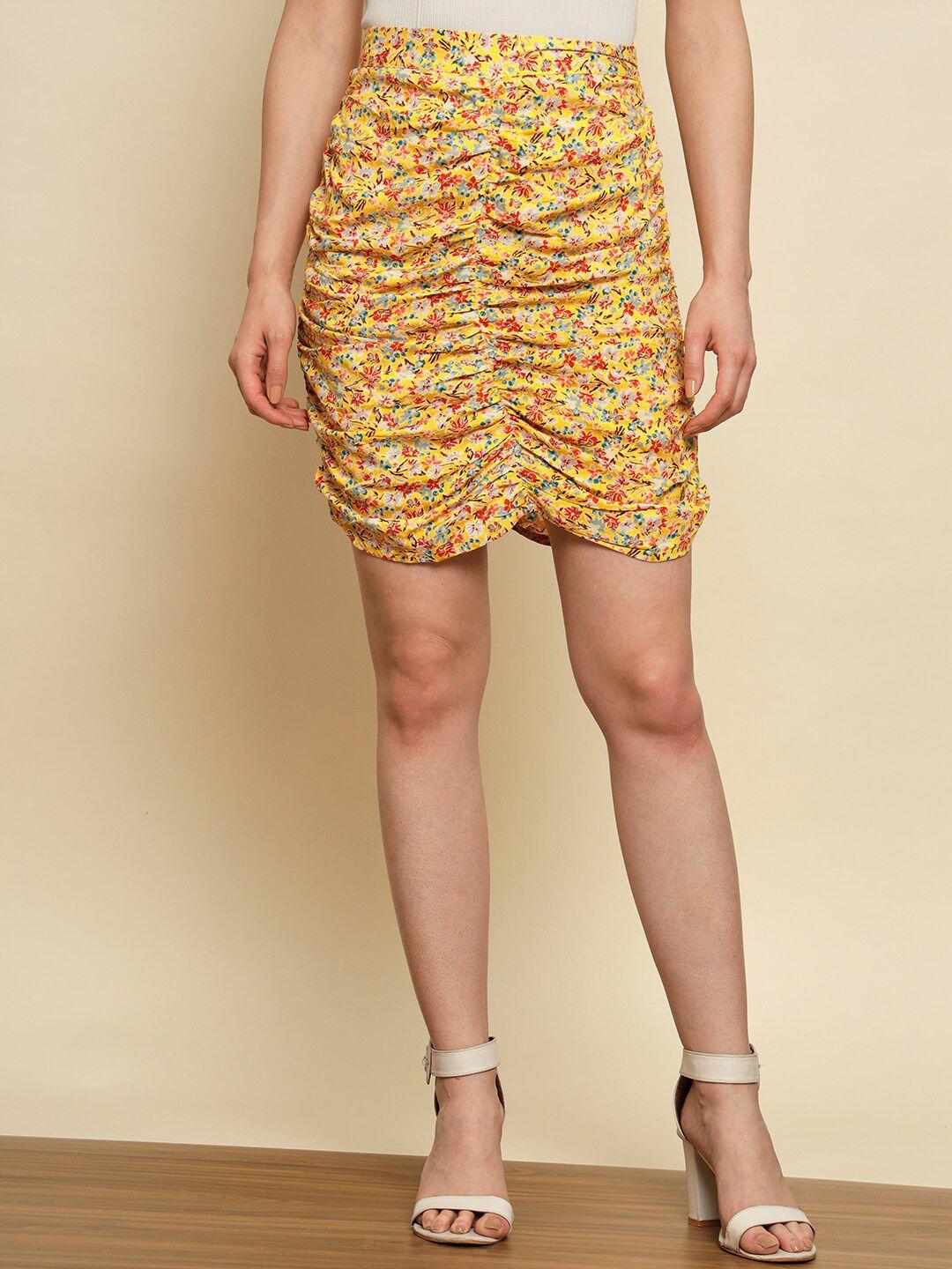 trend arrest floral printed mini-length pure cotton ruched skirt