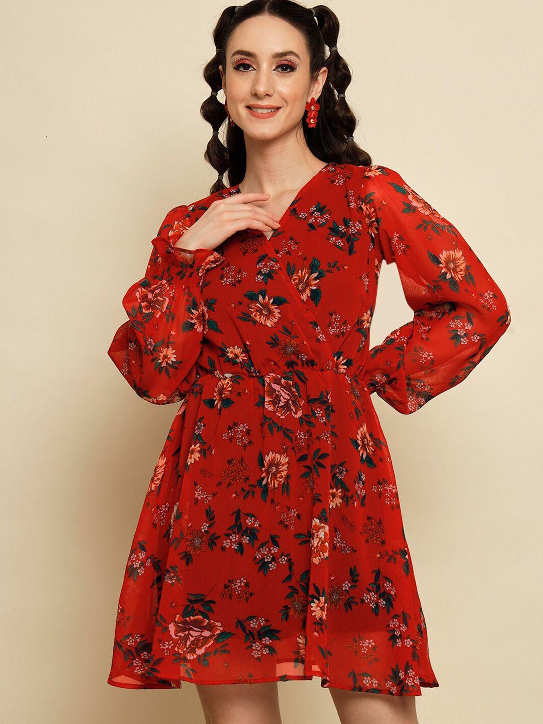 trend arrest floral printed puff sleeves fit & flare dress