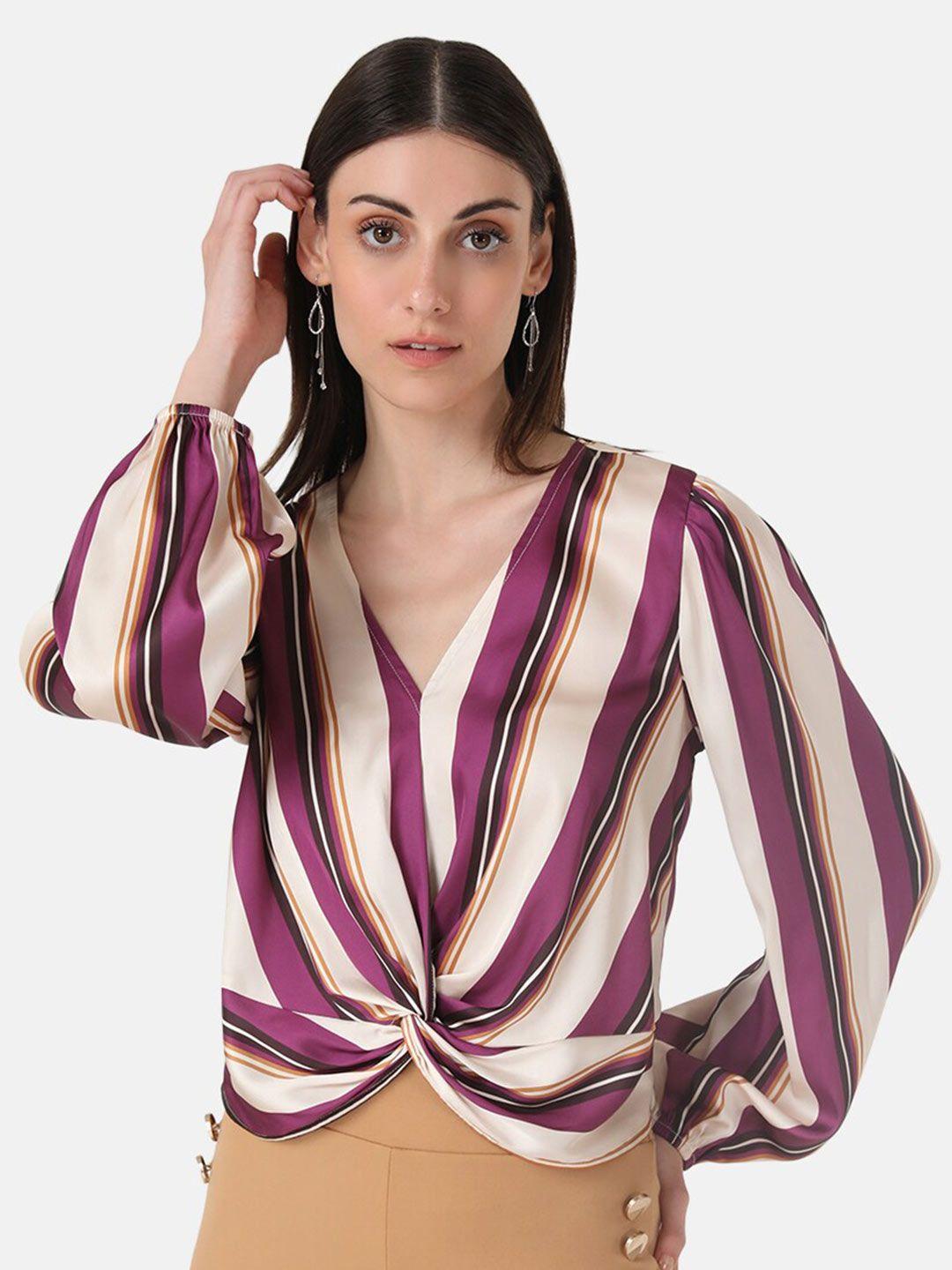 kazo striped puff sleeve satin wrap top