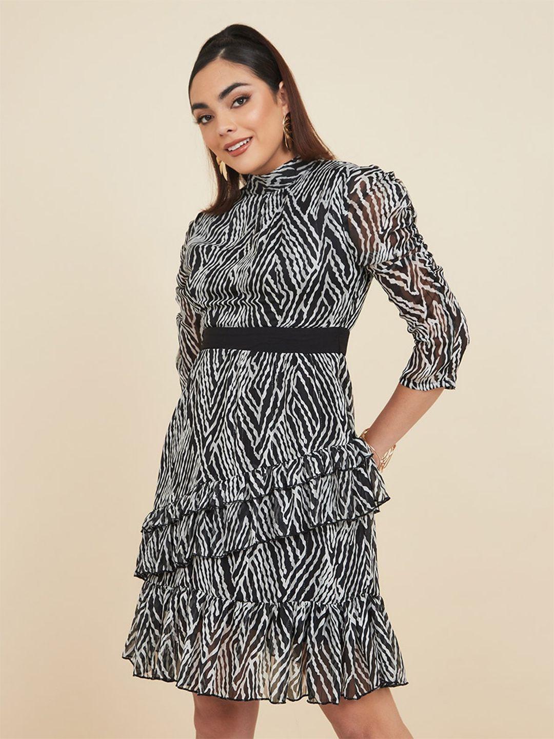 styli black printed high neck fit & flare dress