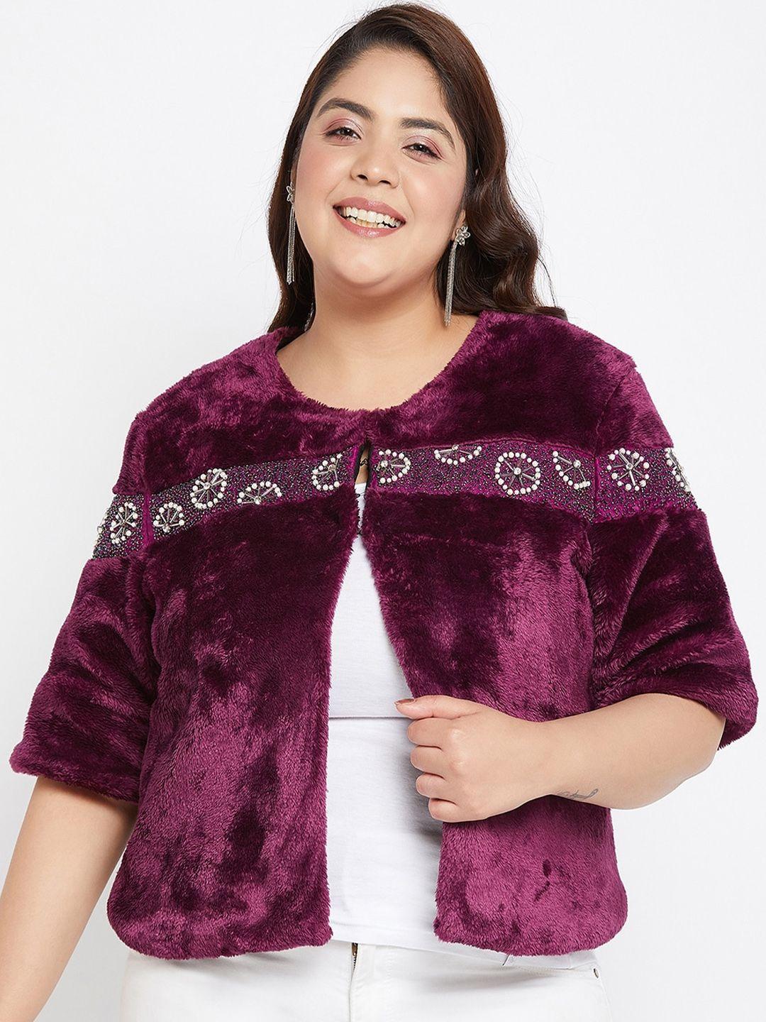 antheaa plus size fux fur trim embellished open front jacket