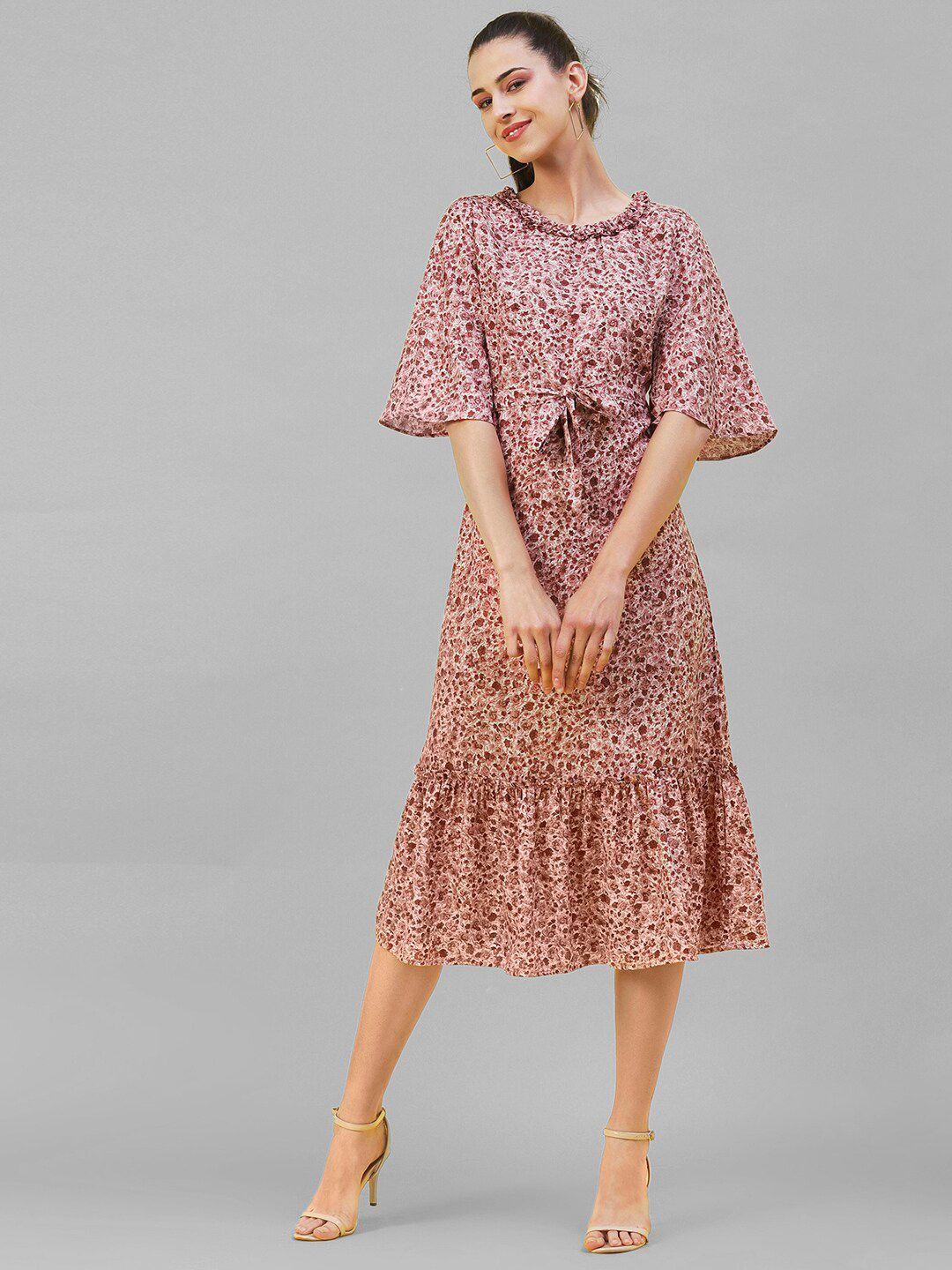 selvia round neck print printed crepe a-line midi dress with belt