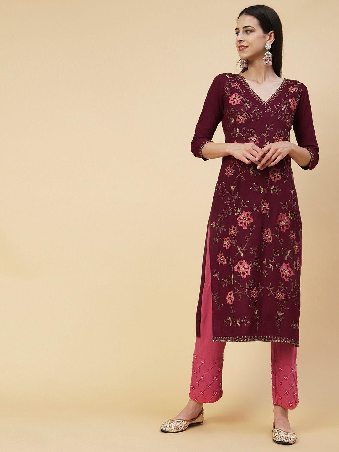 fashor floral embroidered sequined straight  kurta