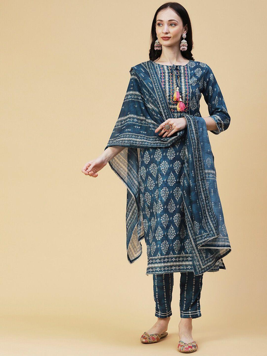 fashor ethnic motifs printed thread work tie-up neck linen kurta with trousers & dupatta