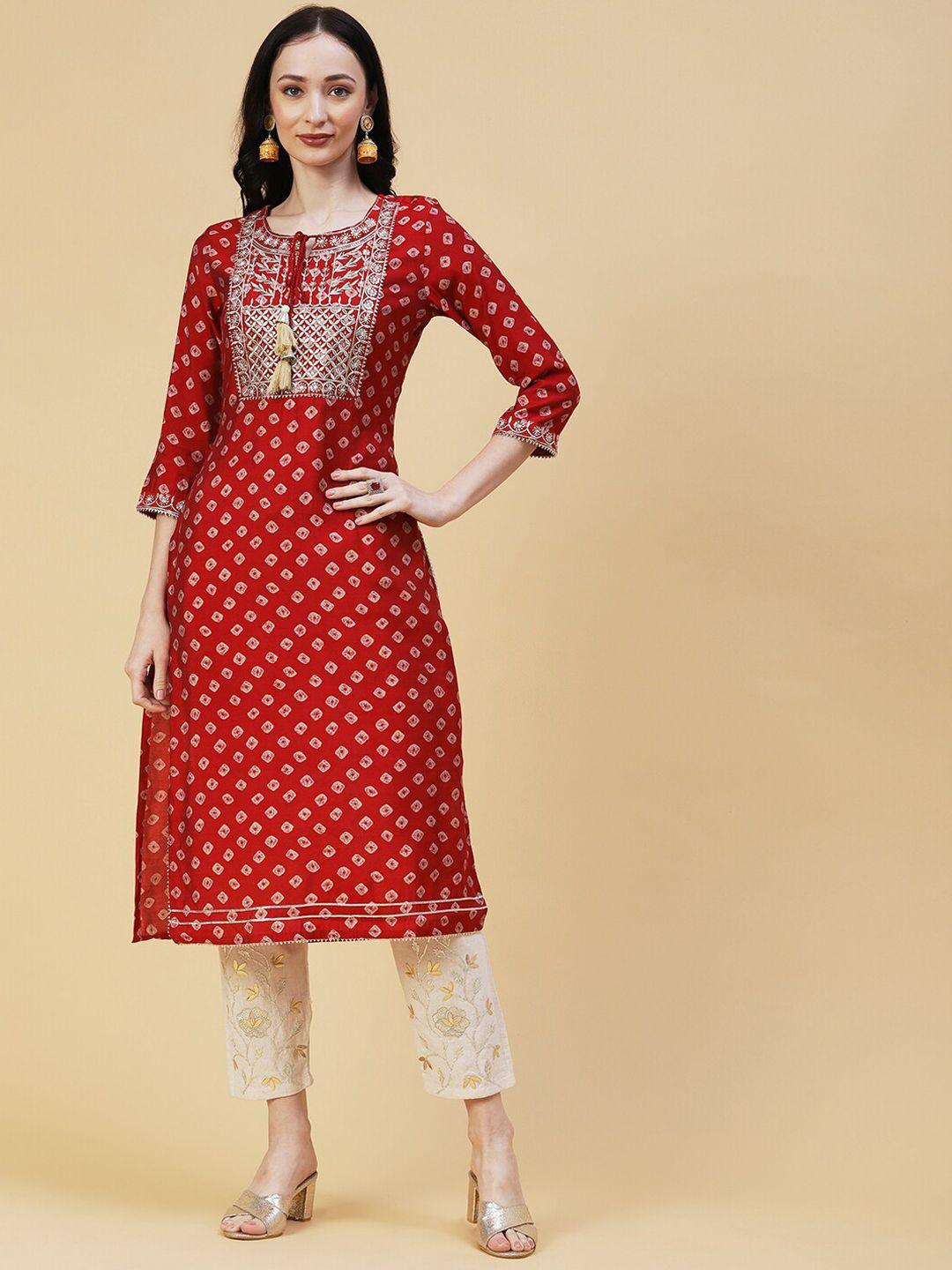 fashor bandhani printed tie up neck sequinned kurta