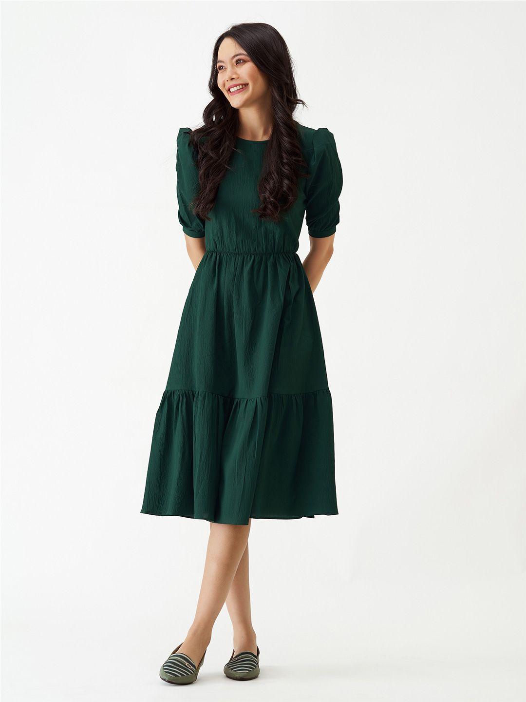 aask puff sleeve crepe fit & flare midi dress