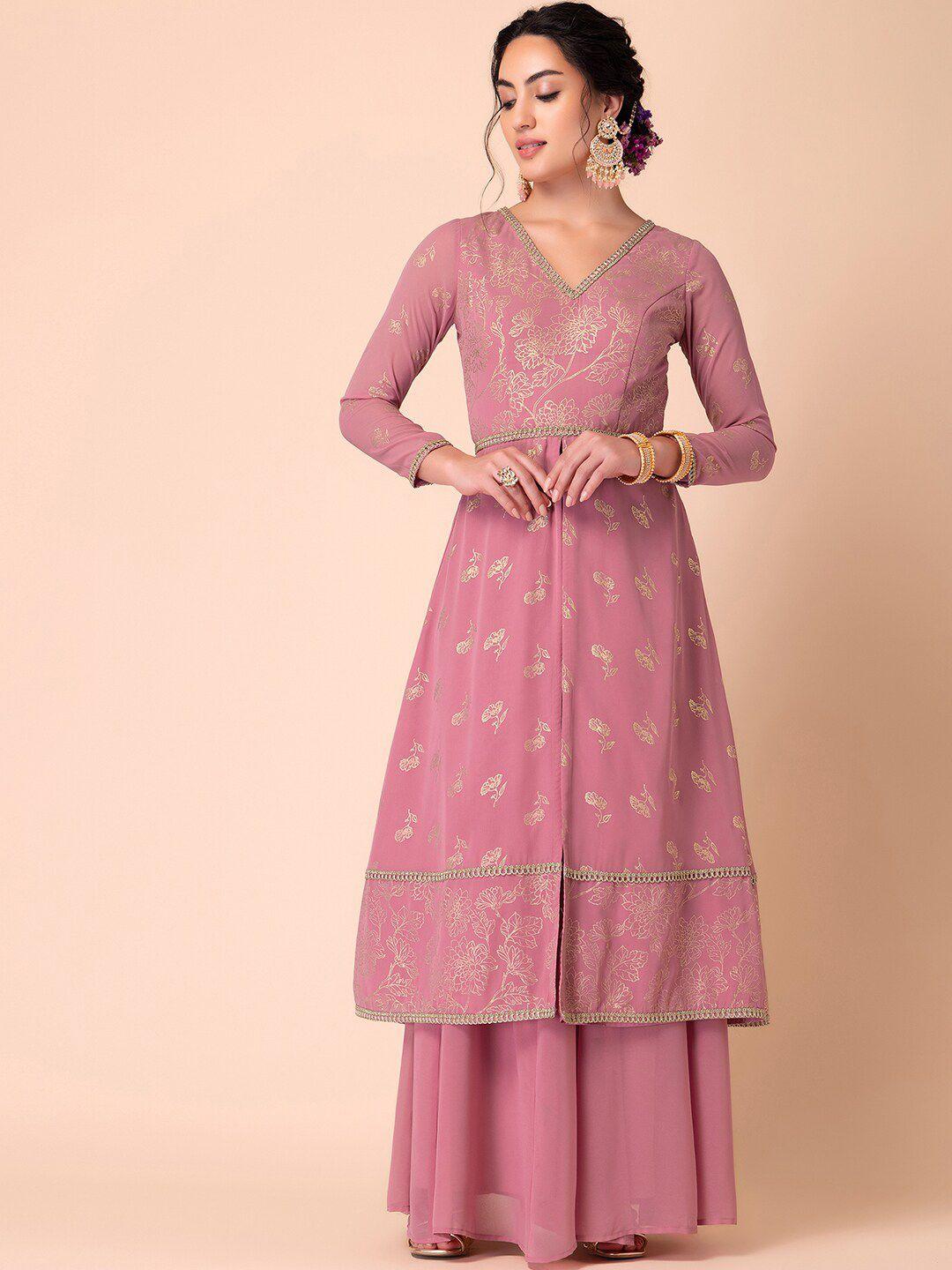 indya floral foil printed georgette a-line kurta with palazzos