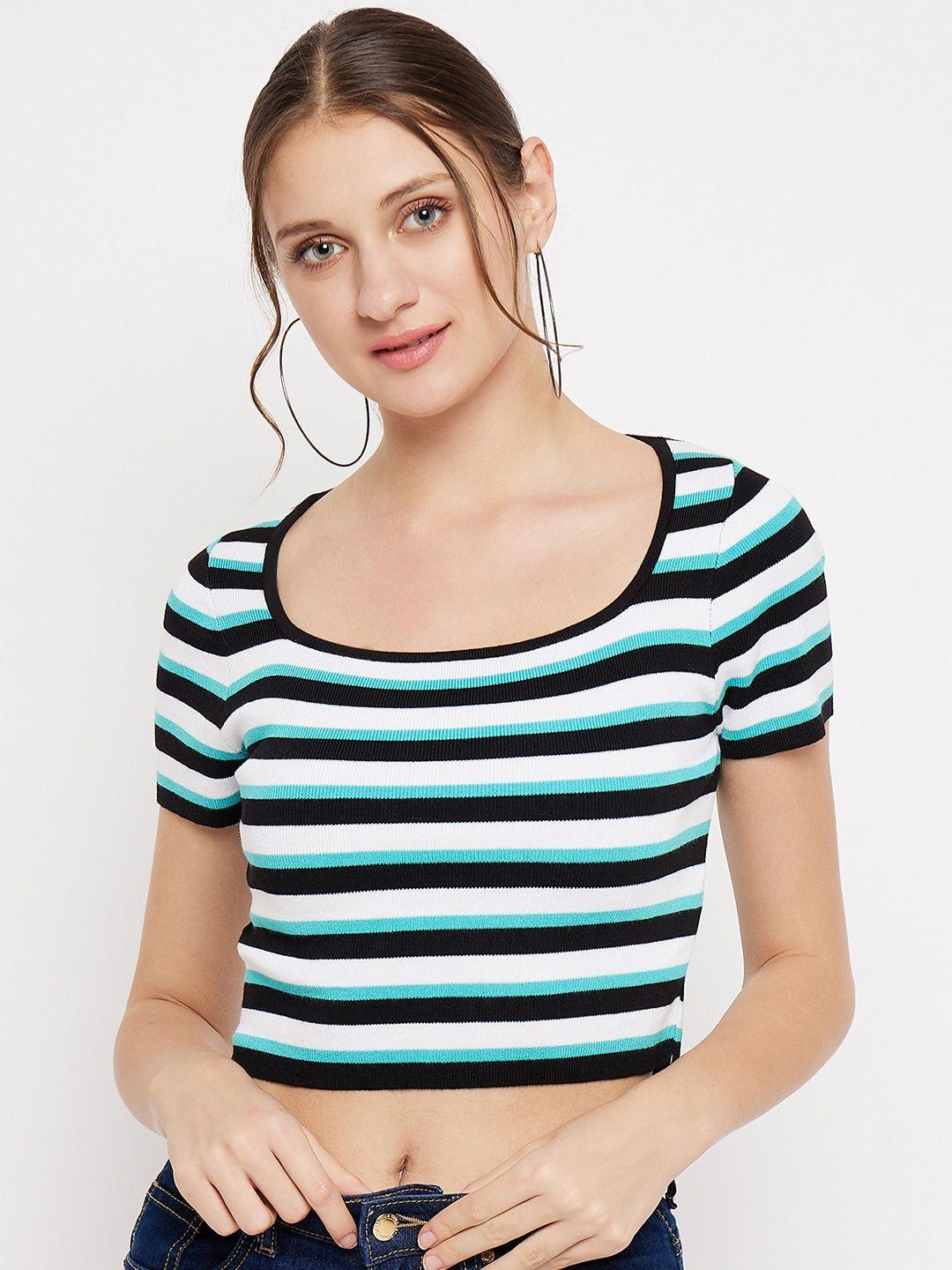 madame horizontal striped scoop neck fitted crop top