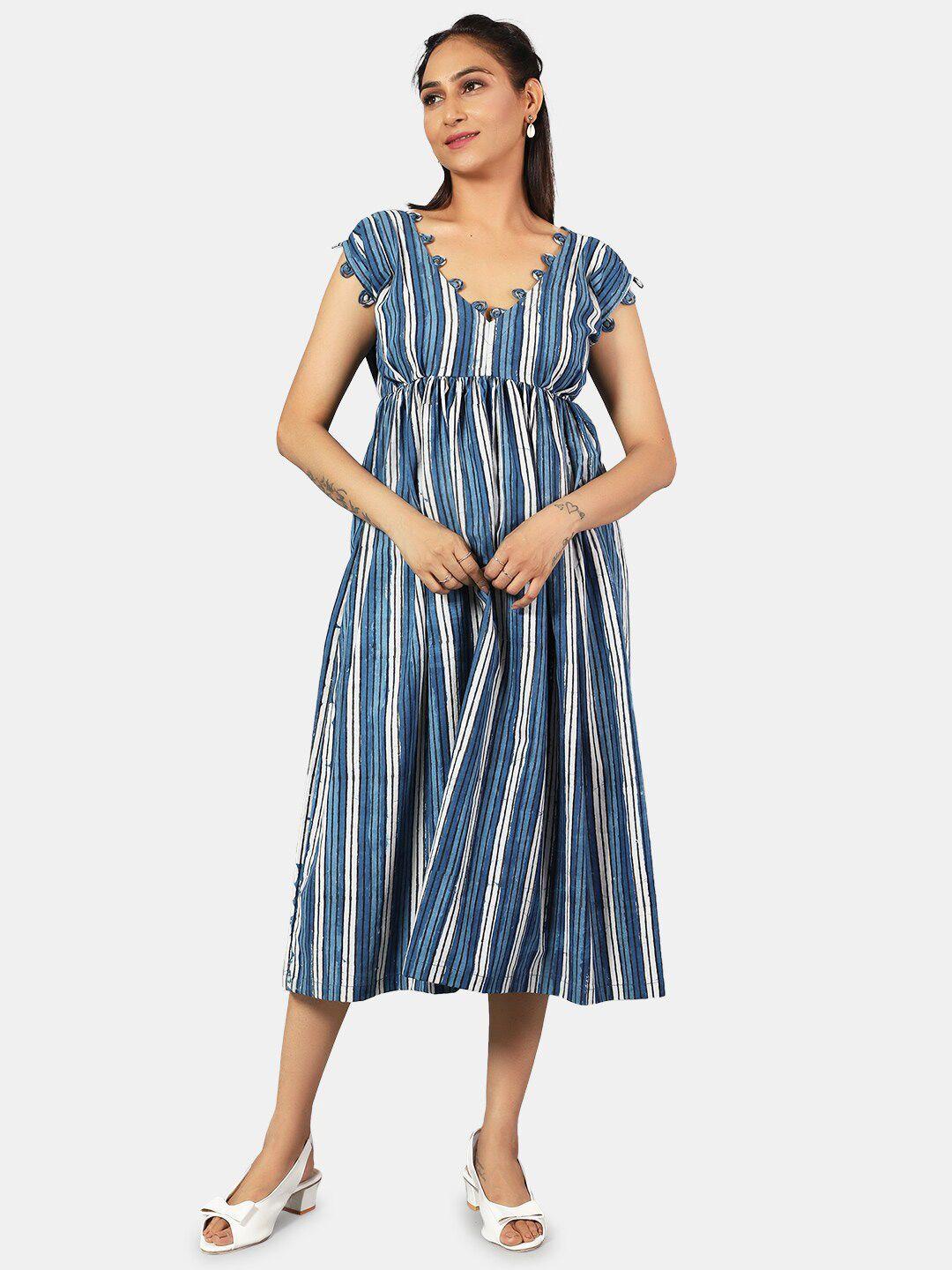 indophilia striped v-neck fit & flare midi dress