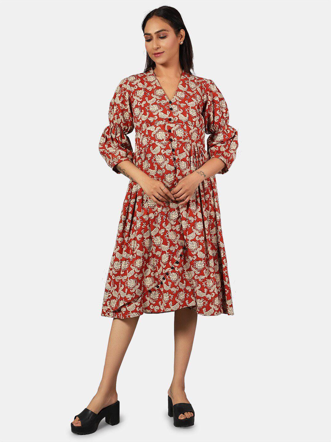 indophilia floral printed v-neck fit & flare dress