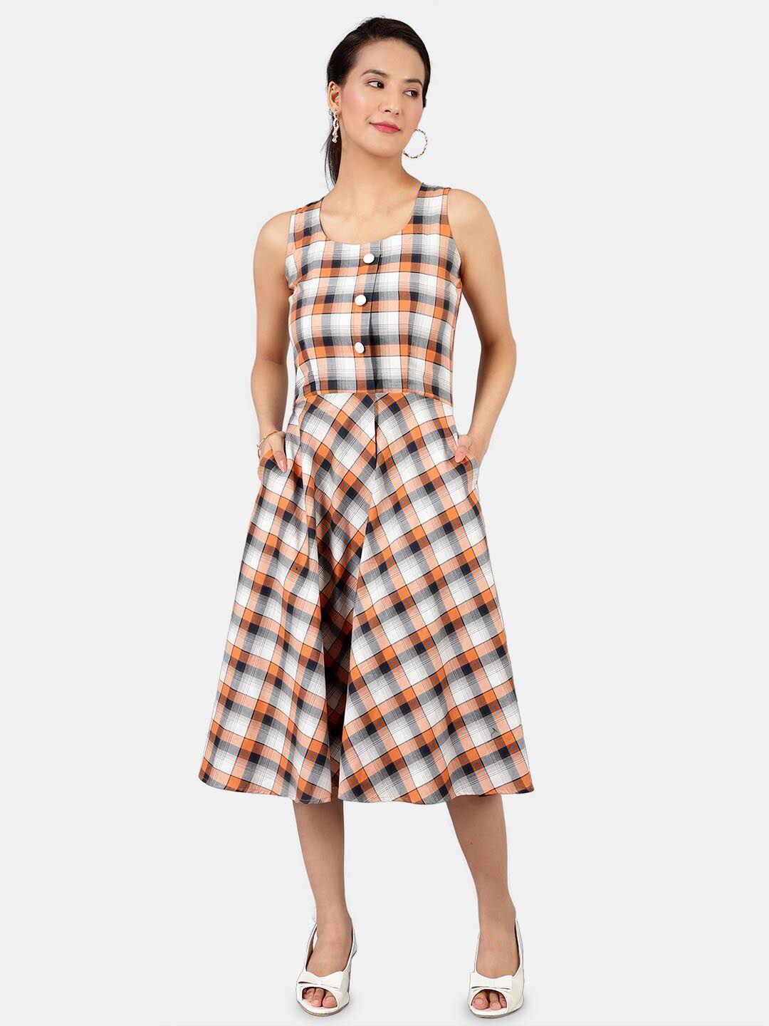 indophilia round neck checked pure cotton fit & flare midi dress