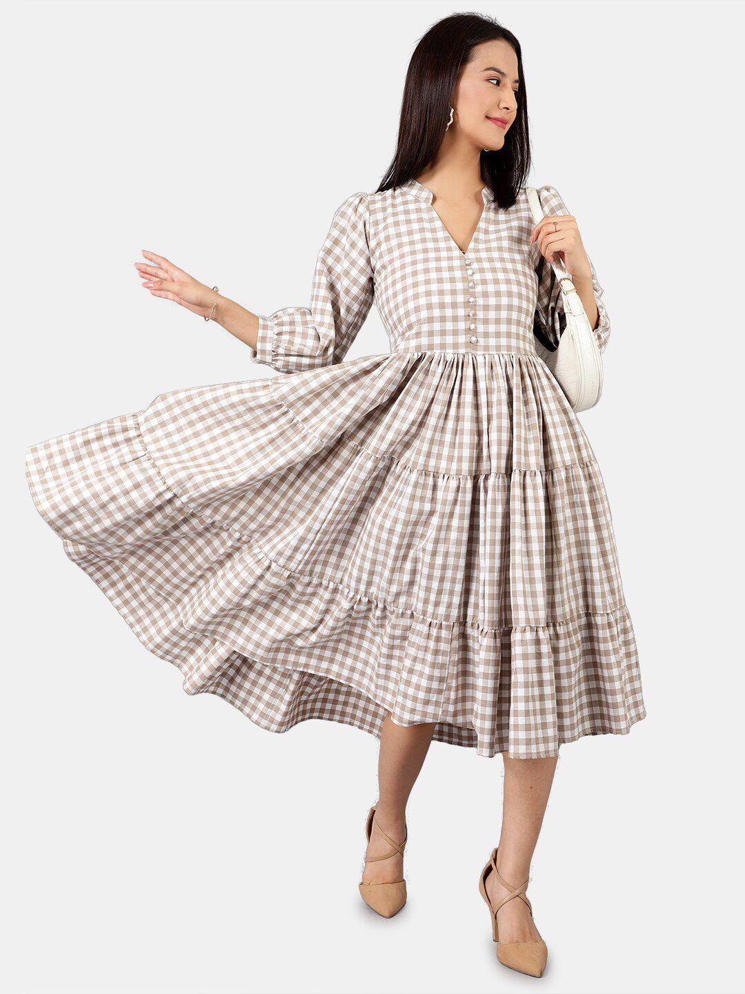 indophilia checked mandarin collar tiered cotton fit & flare midi dress