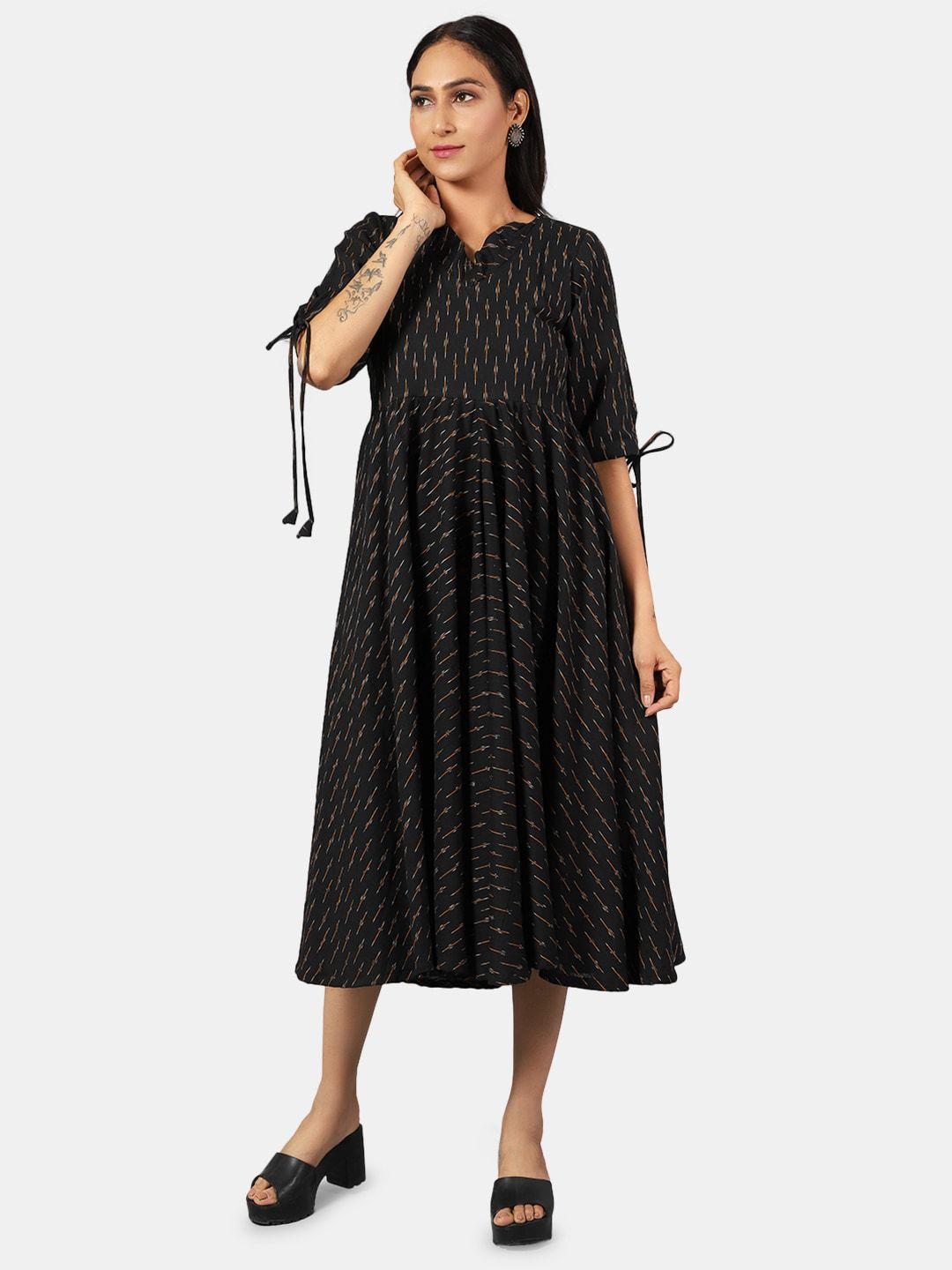 indophilia v-neck ikat printed tie up sleeves fit & flare cotton midi dress