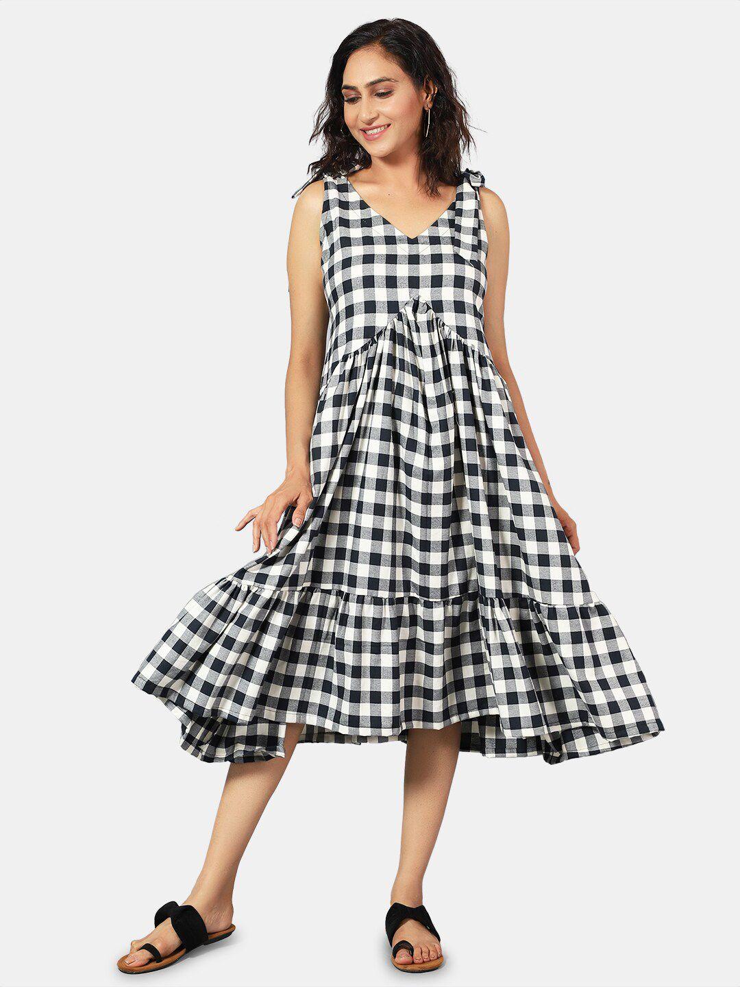 indophilia checked monochrome pure cotton empire midi dress