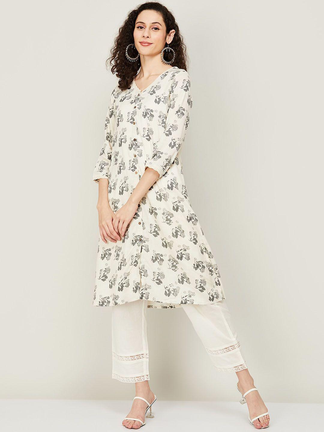 melange by lifestyle floral printed v neck thread work a-line kurta