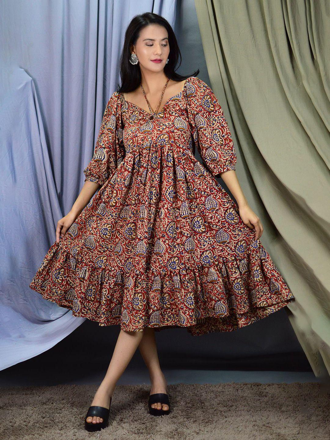 indophilia ethnic motif printed puff sleeves fit & flare midi ethnic dress