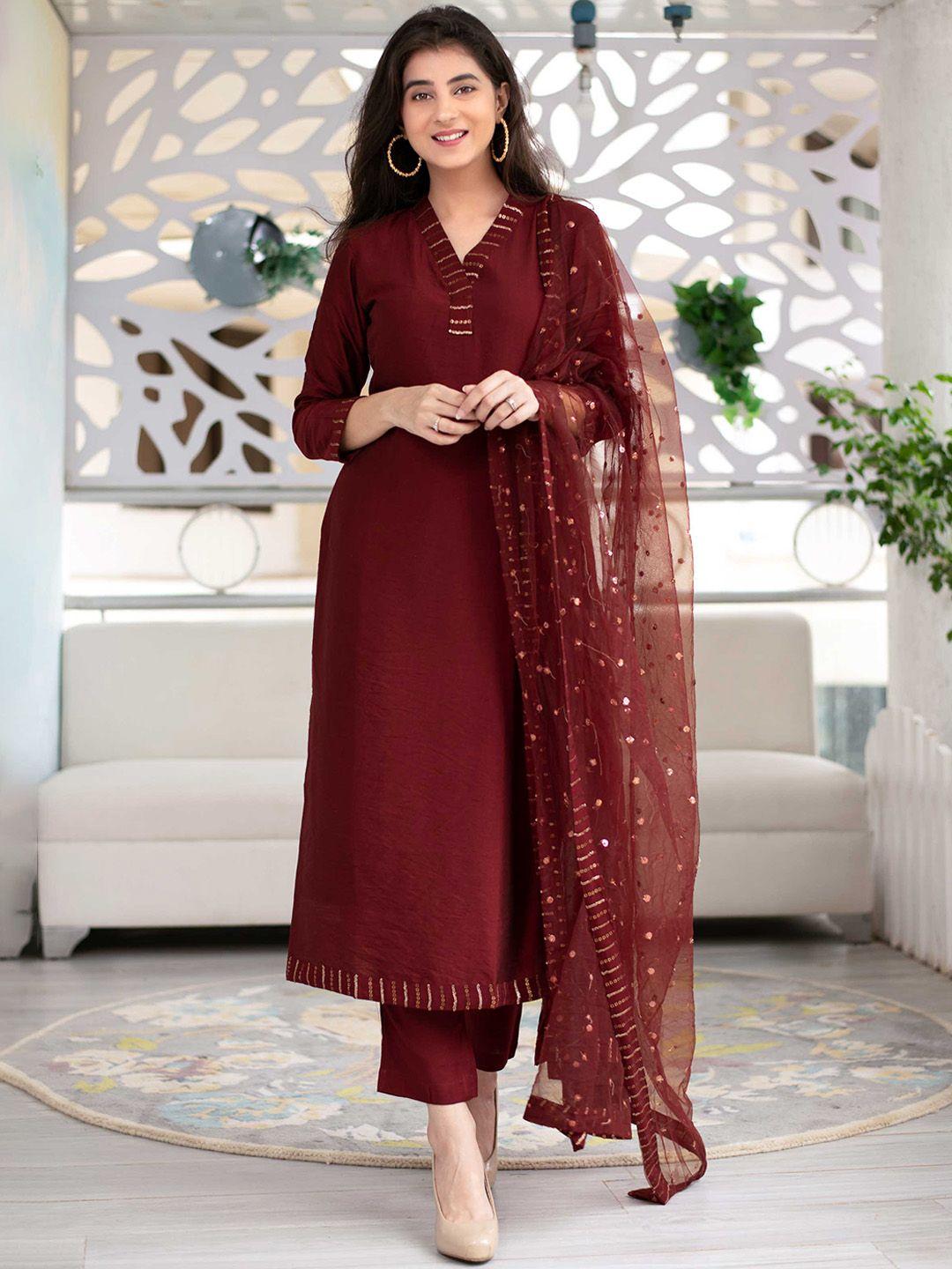 label shaurya sanadhya yoke design sequinned kurta with trousers & with dupatta