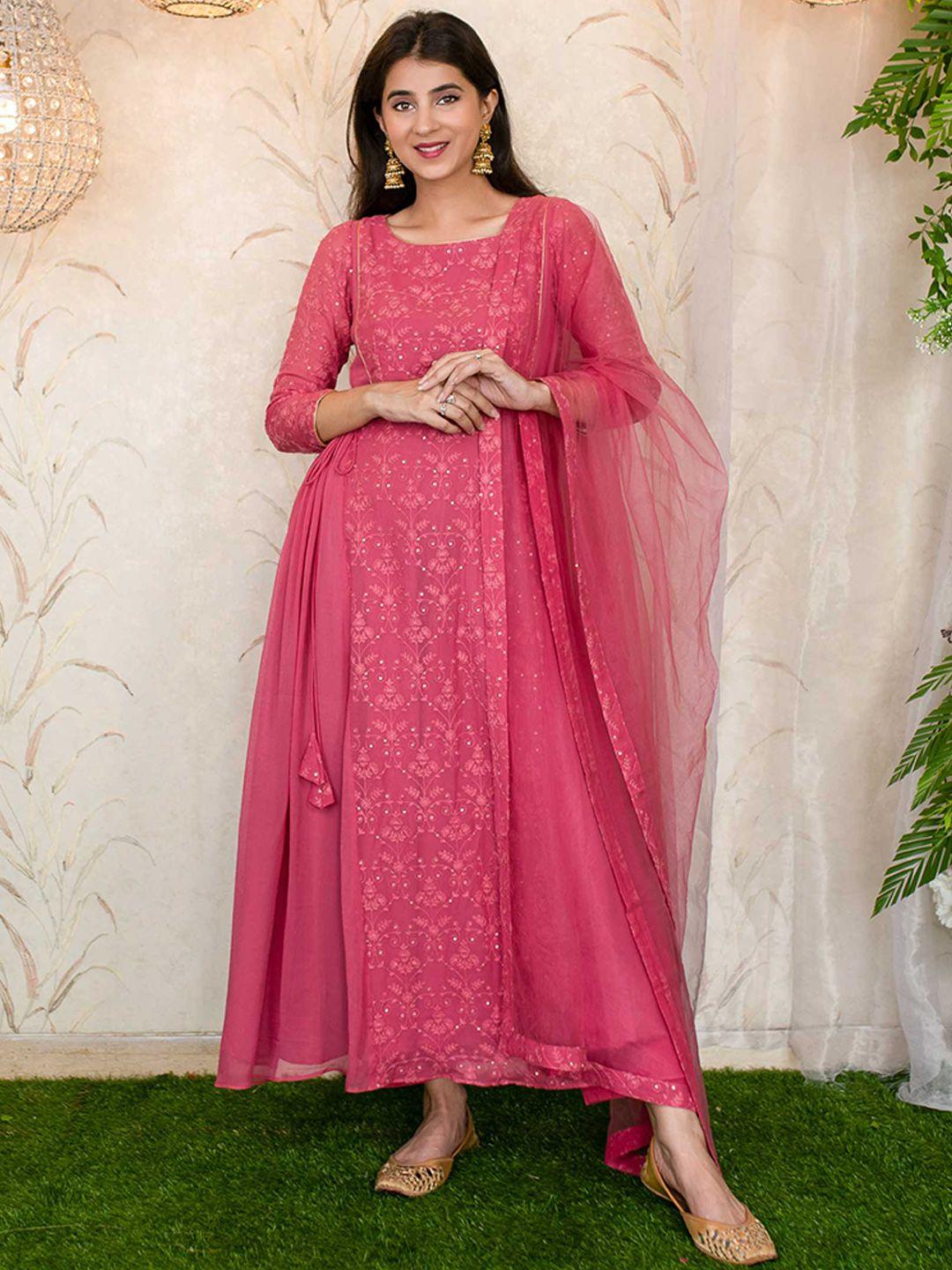 label shaurya sanadhya floral embroidered stones embellished kurta with trousers & dupatta