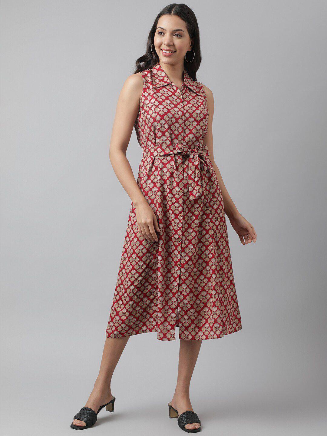 divena geometric printed sleeveless shirt midi dress with belt