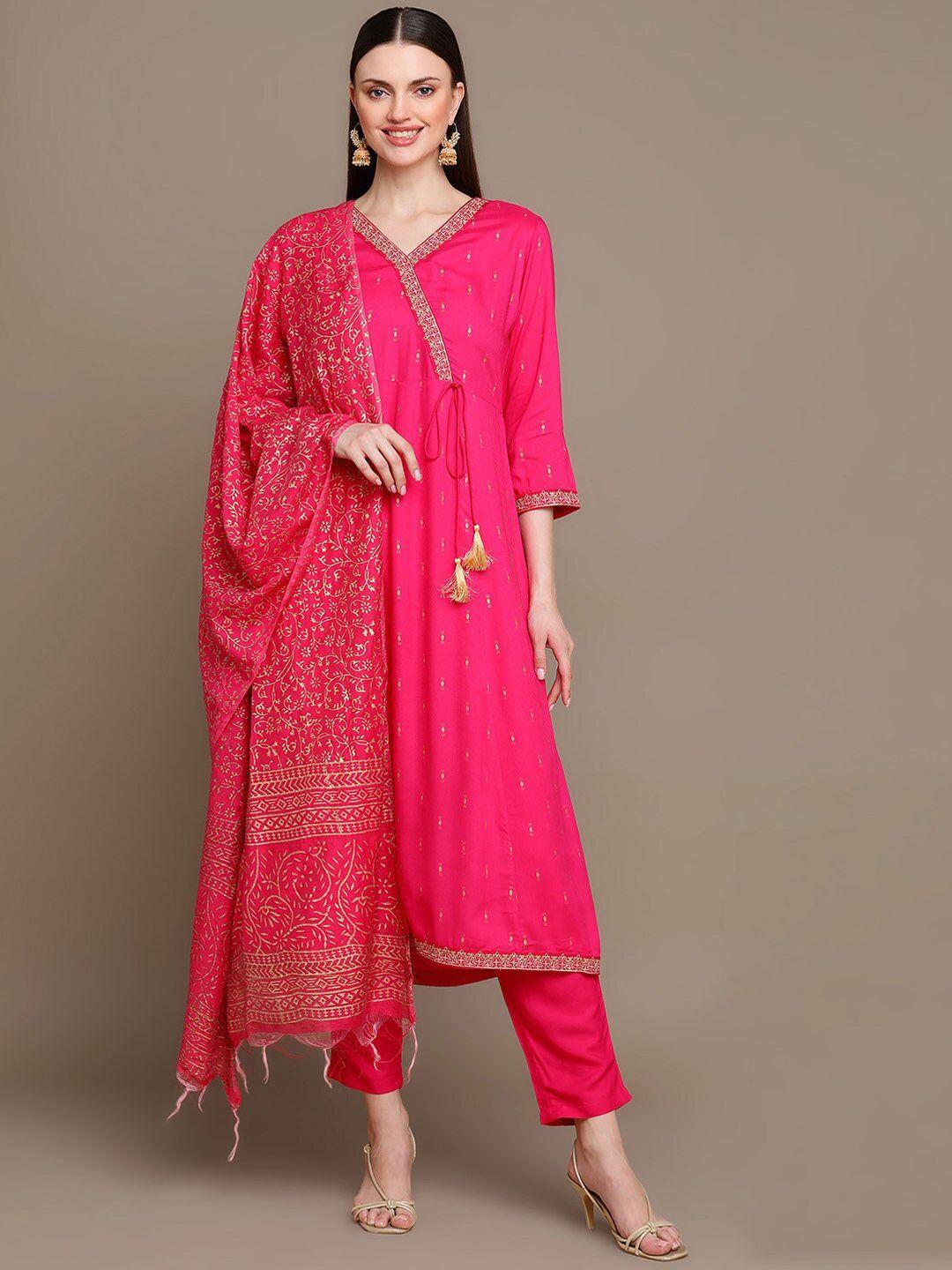 here&now ethnic motifs printed thread work angrakha kurta with palazzos & dupatta