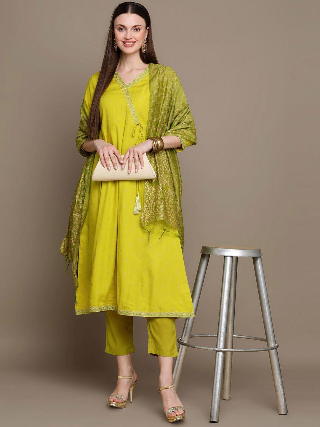 here&now ethnic motifs printed thread work angrakha kurta with palazzos & dupatta