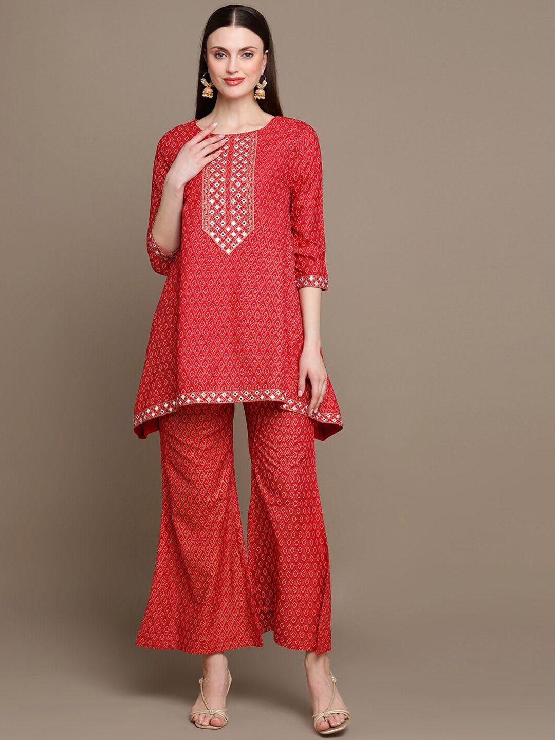 here&now ethnic motifs printed mirror work asymmetric kurti with palazzos