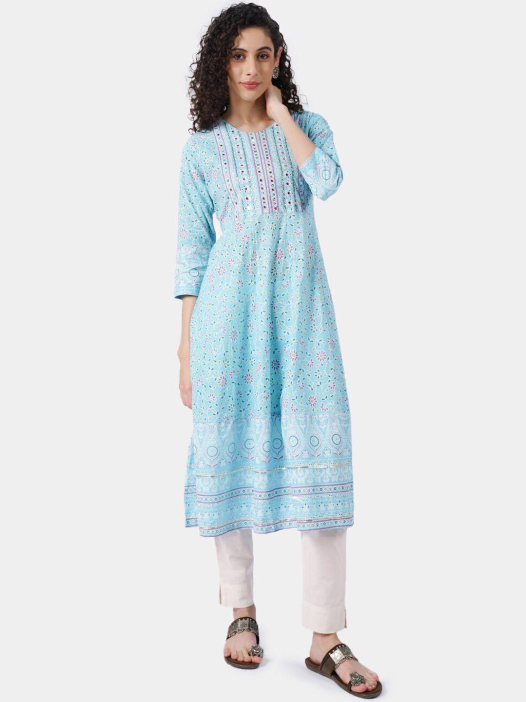 rmya floral printed mirror work gotta patti pure cotton a-line kurta