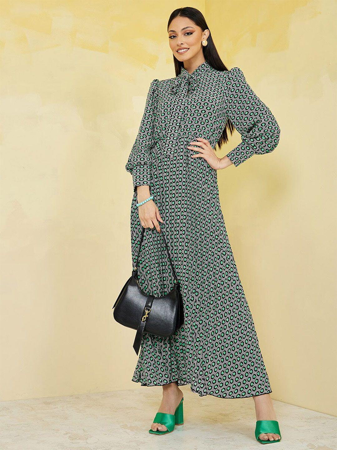 styli green print puff sleeve maxi dress