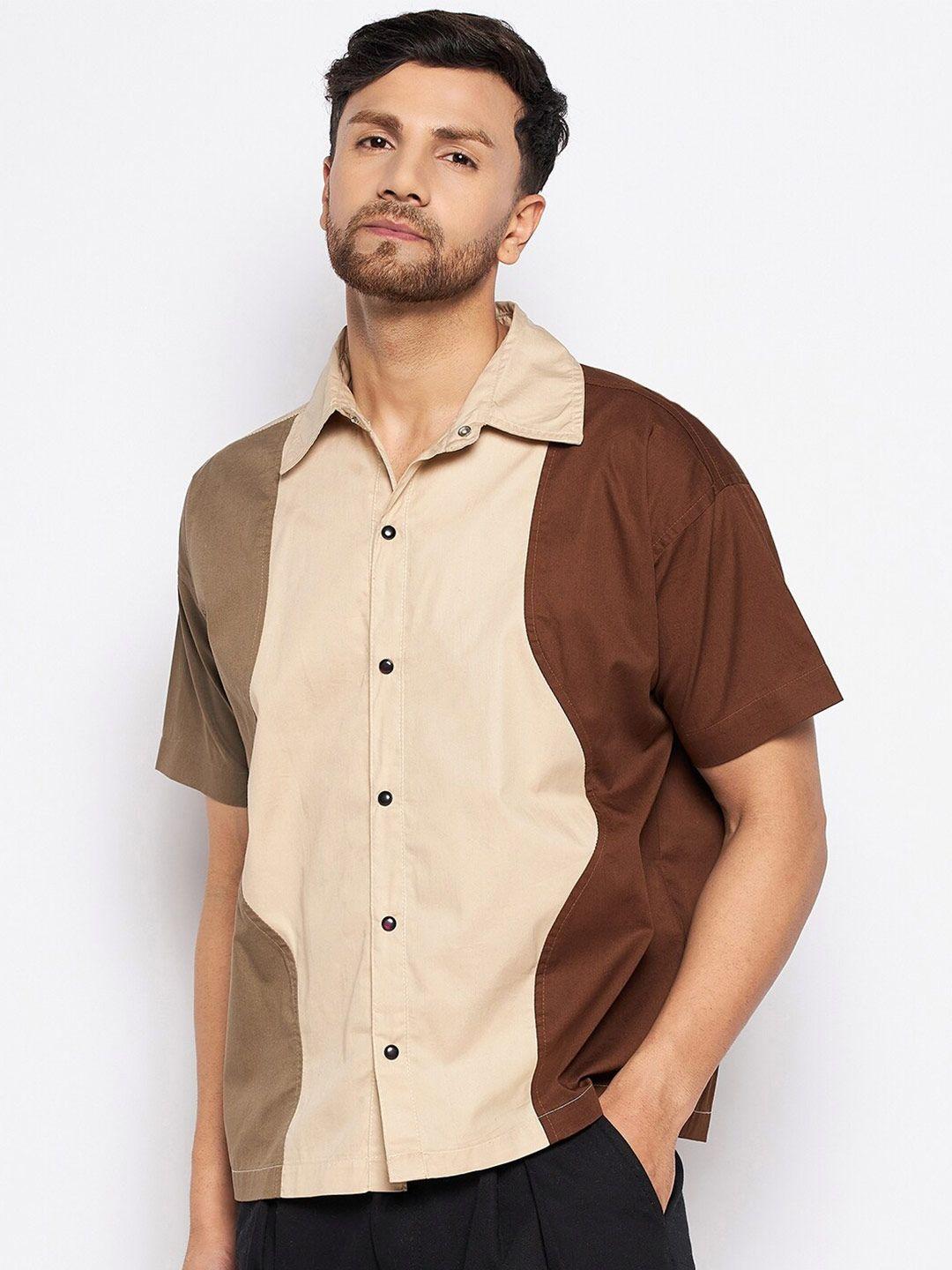 fugazee relaxed boxy fit colourblocked pure cotton casual shirt