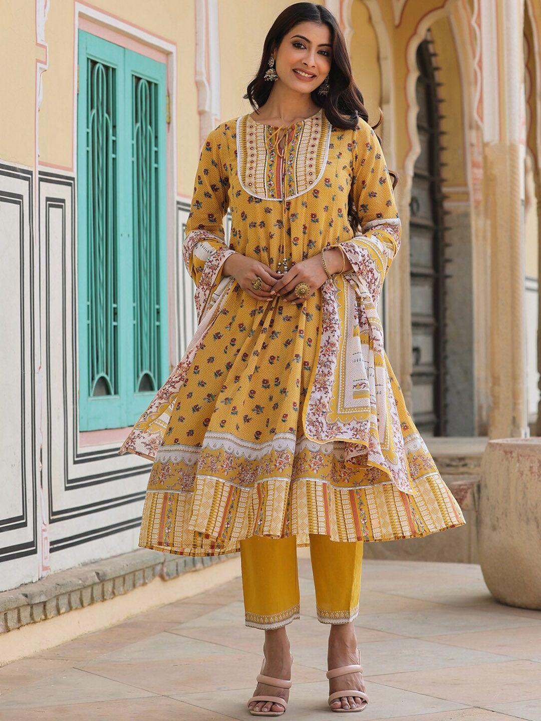 juniper ethnic motifs printed sequinned pure cotton kurta with trousers & dupatta